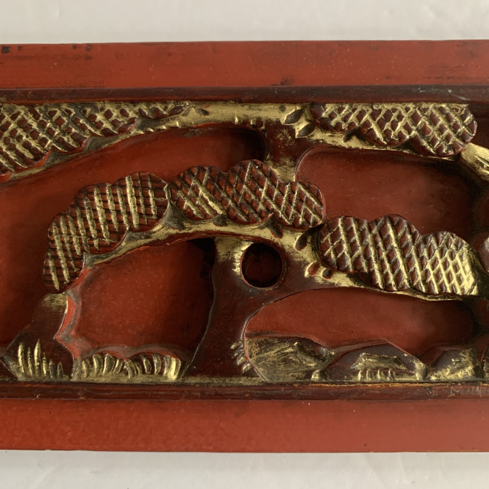 Chinoserie Hand Carved Wood Red Gilded 3D Relief Pagoda People Tree Garden Panel