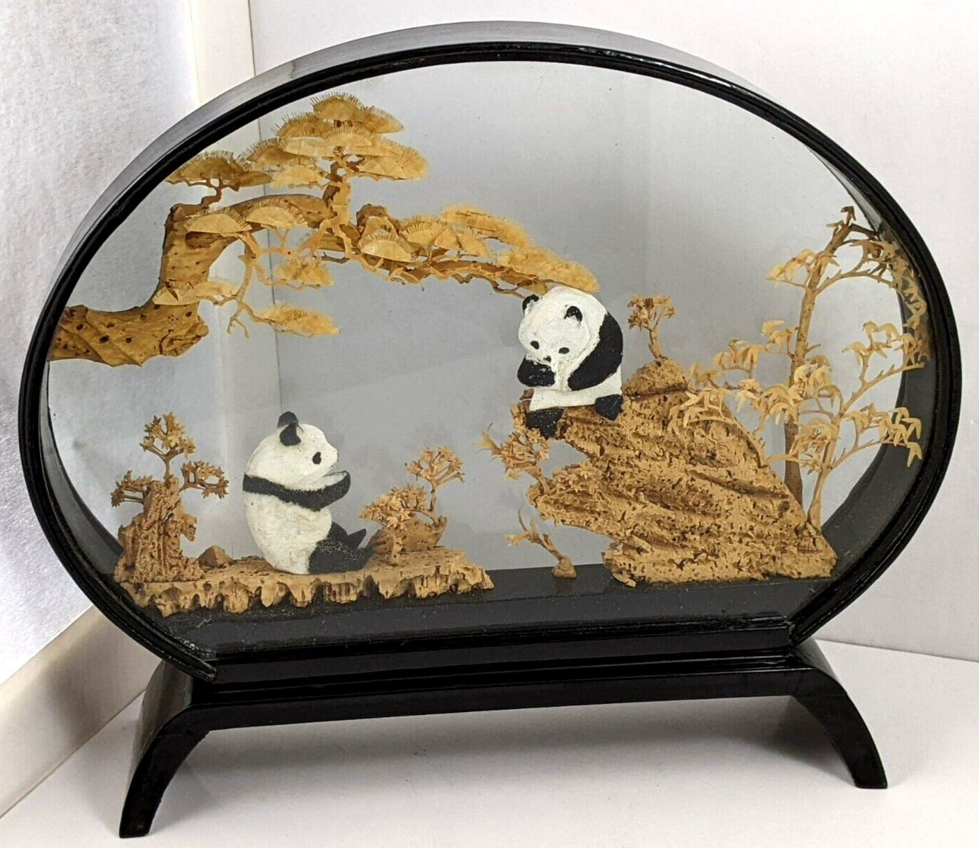 Chinese Oval Diorama Panda Bears Hand Carved Cork Trees Scene Lacquered Frame