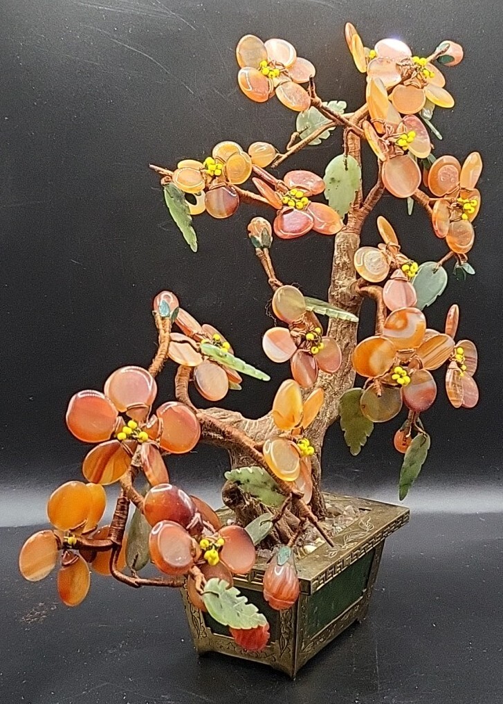 Chinese Carnelian & Green Nephrite Jade Bonsai Tree Brass Etched Base Hong Kong