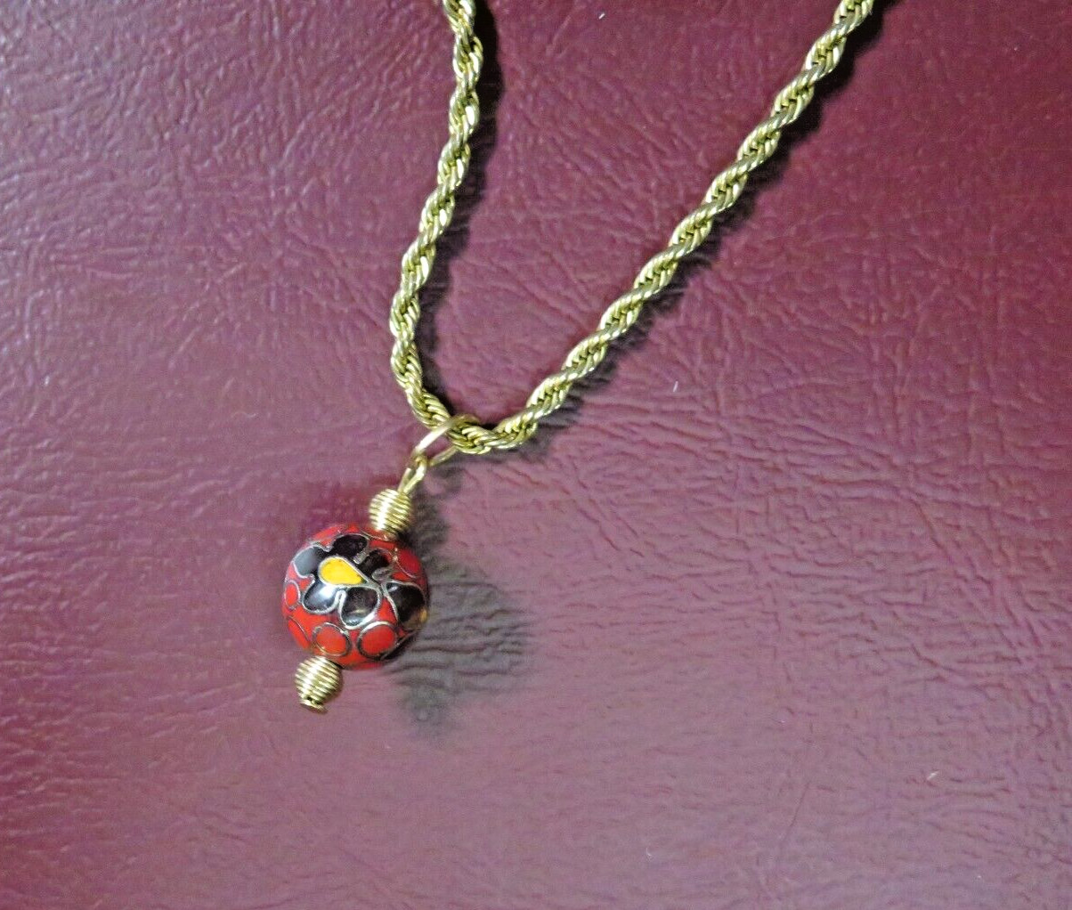 Vintage Asian Style Necklace w/ 17″ Braided Chain and Red Cloisonne Pendant