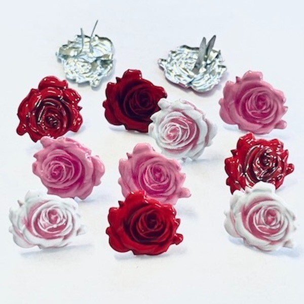 RED, PINK, & WHITE ROSE SCRAPBOOKING DECORATIVE BRADS EYELET OUTLET 8 PCS
