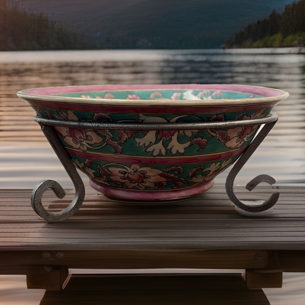 Vtg Chinese Enamel Cloisonné Bowl & Stand Made In Macau Green Mauve White Gold