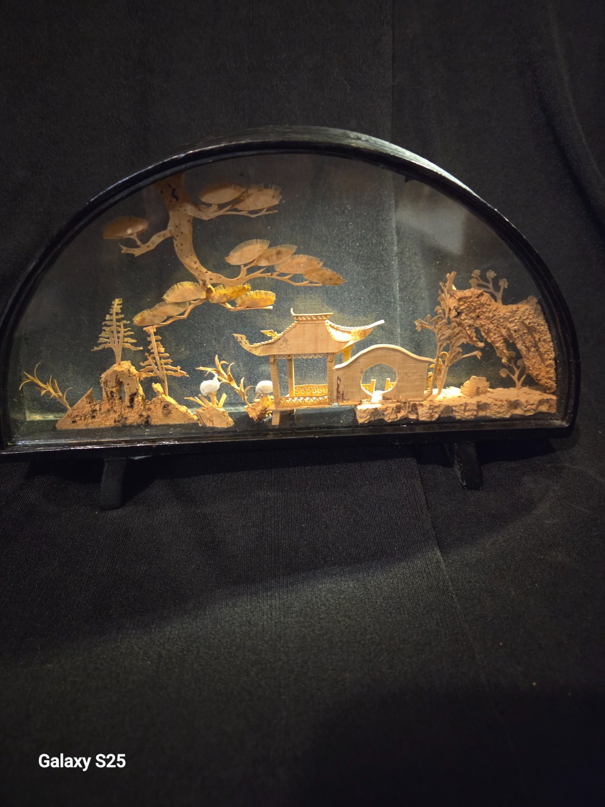 Vintage Chinese Cork Art Diorama Cranes Pagoda Trees Hand Carved in Glass Case