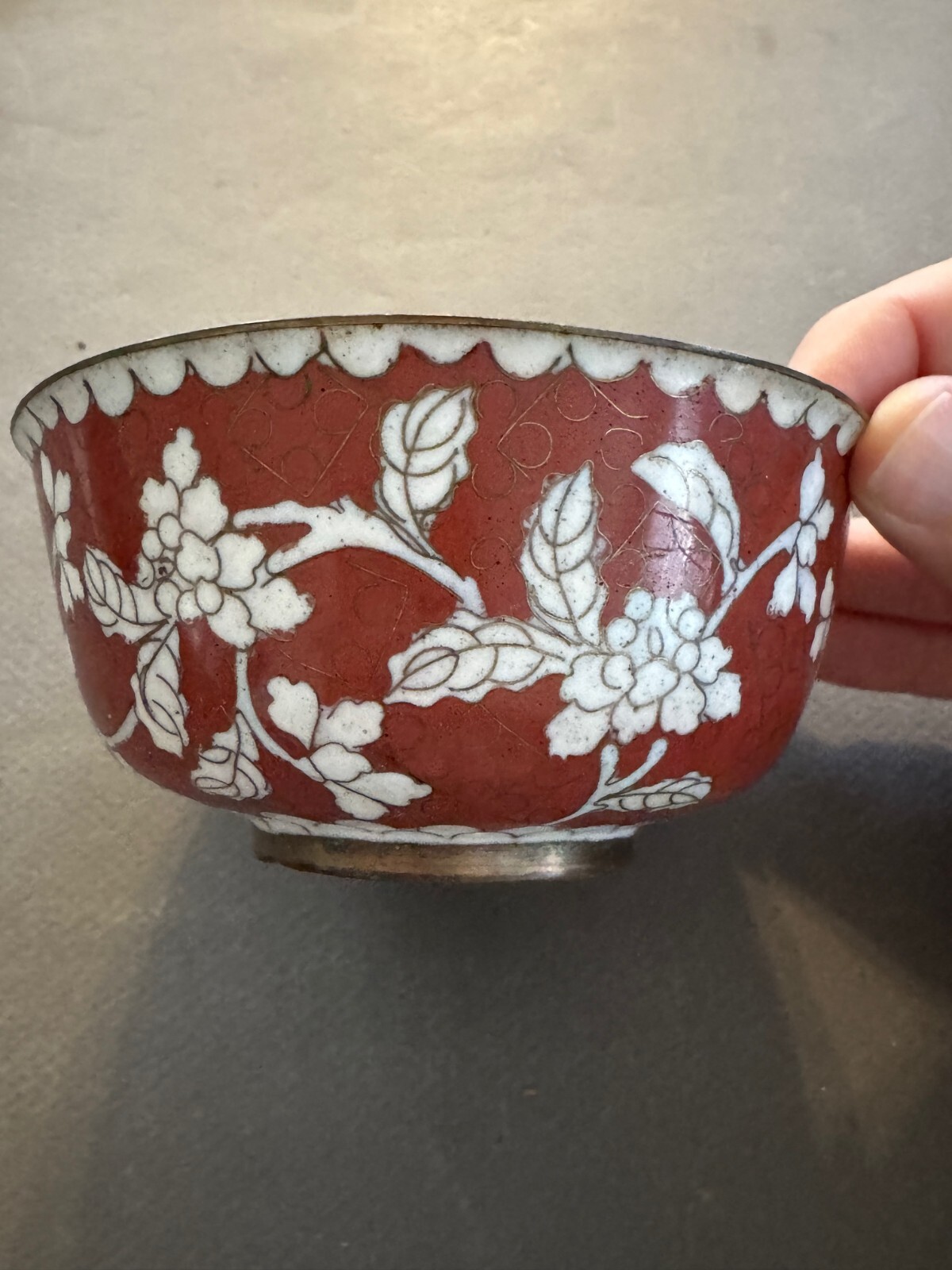 RUST RED/BROWN GREEN INTERIOR ASIAN CHINESE CLOISONNE ZINNIA FLOWER BOWL VTG