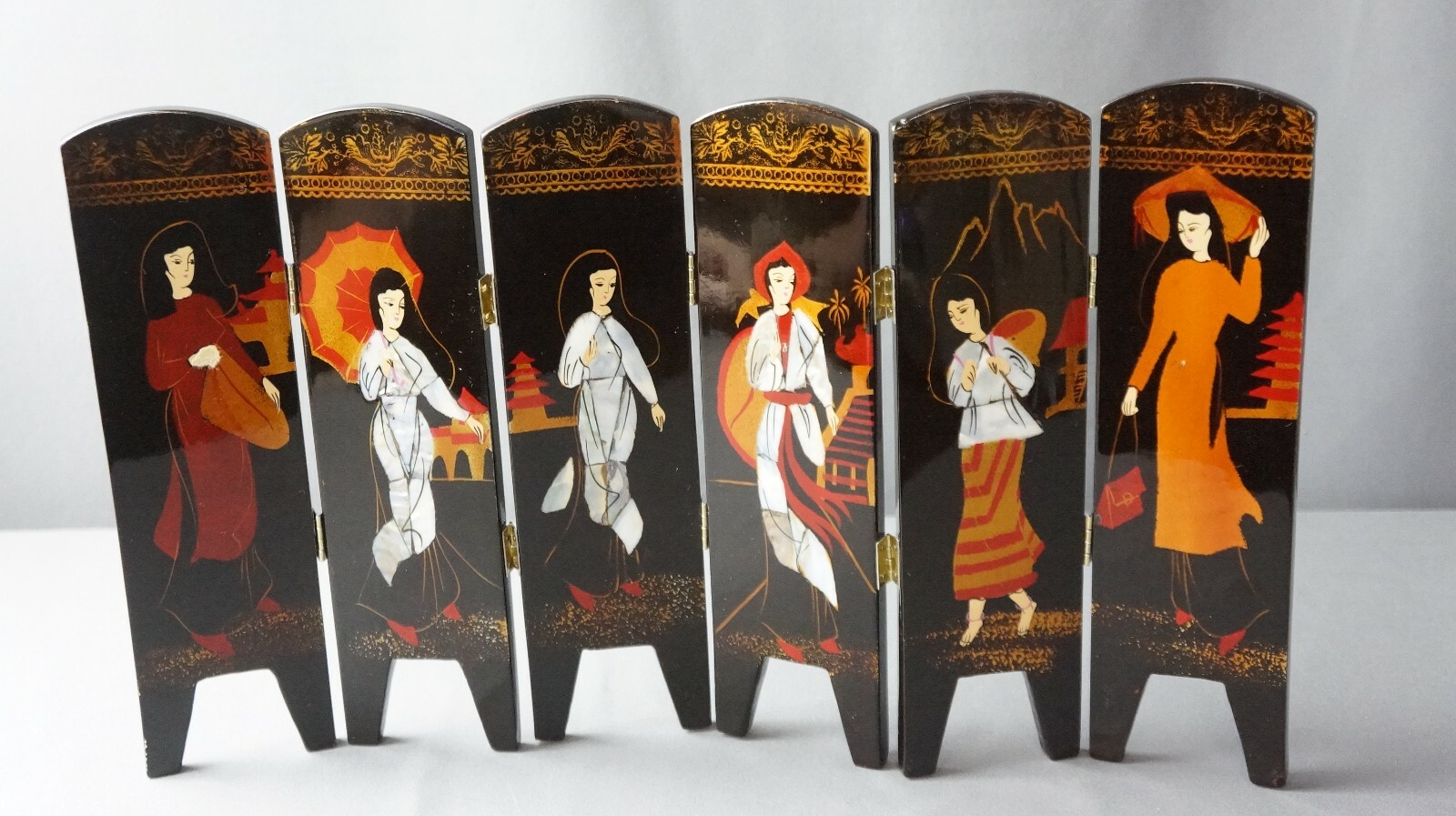 Small Tabletop HAND PAINTED FOLDING 6 Panel 2 SIDED SCREEN Asian Ladies 9.75”