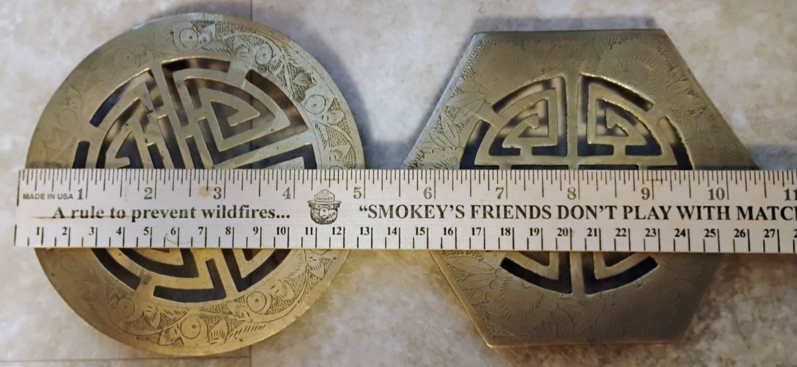 Vintage Intricate Solid Brass Chinese Shou Symbol Trivets – Matching Set of 2