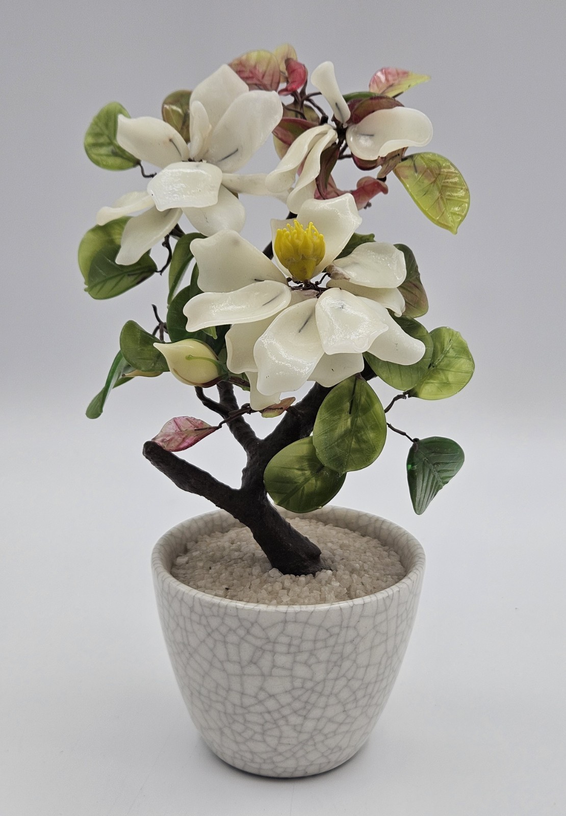 Vintage Chinese Jade Bonsai Tree w/ White Dahlia Flowers in White Pot – 9.5″H