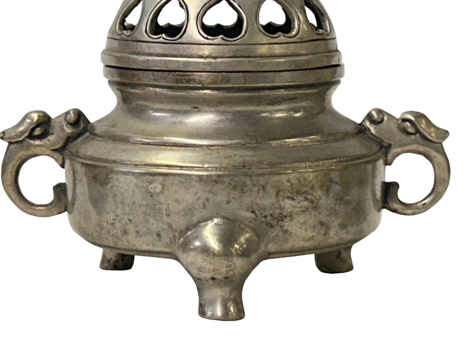 Vintage Silver Pewter Color Metal Foo Dog Ding Shape Incense Holder ws4897