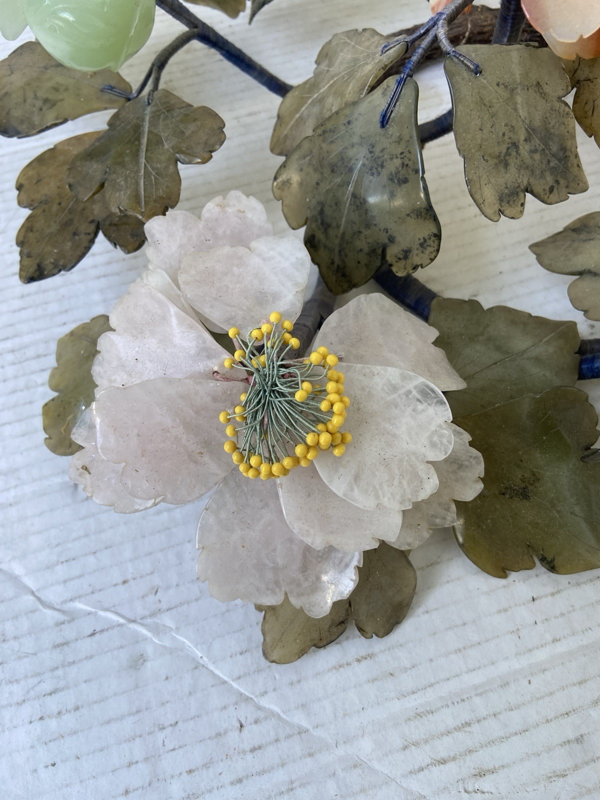 VTG Carved Jade & Gemstone Leaves Flowering Plant, Great Condition 18” diameter.