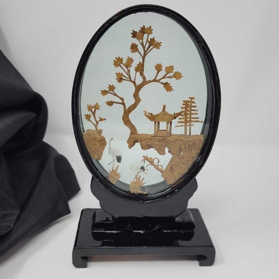 Vintage Oval Chinese 3D Art Wood & Cork Diorama Asian Crane Tree on Pedestal