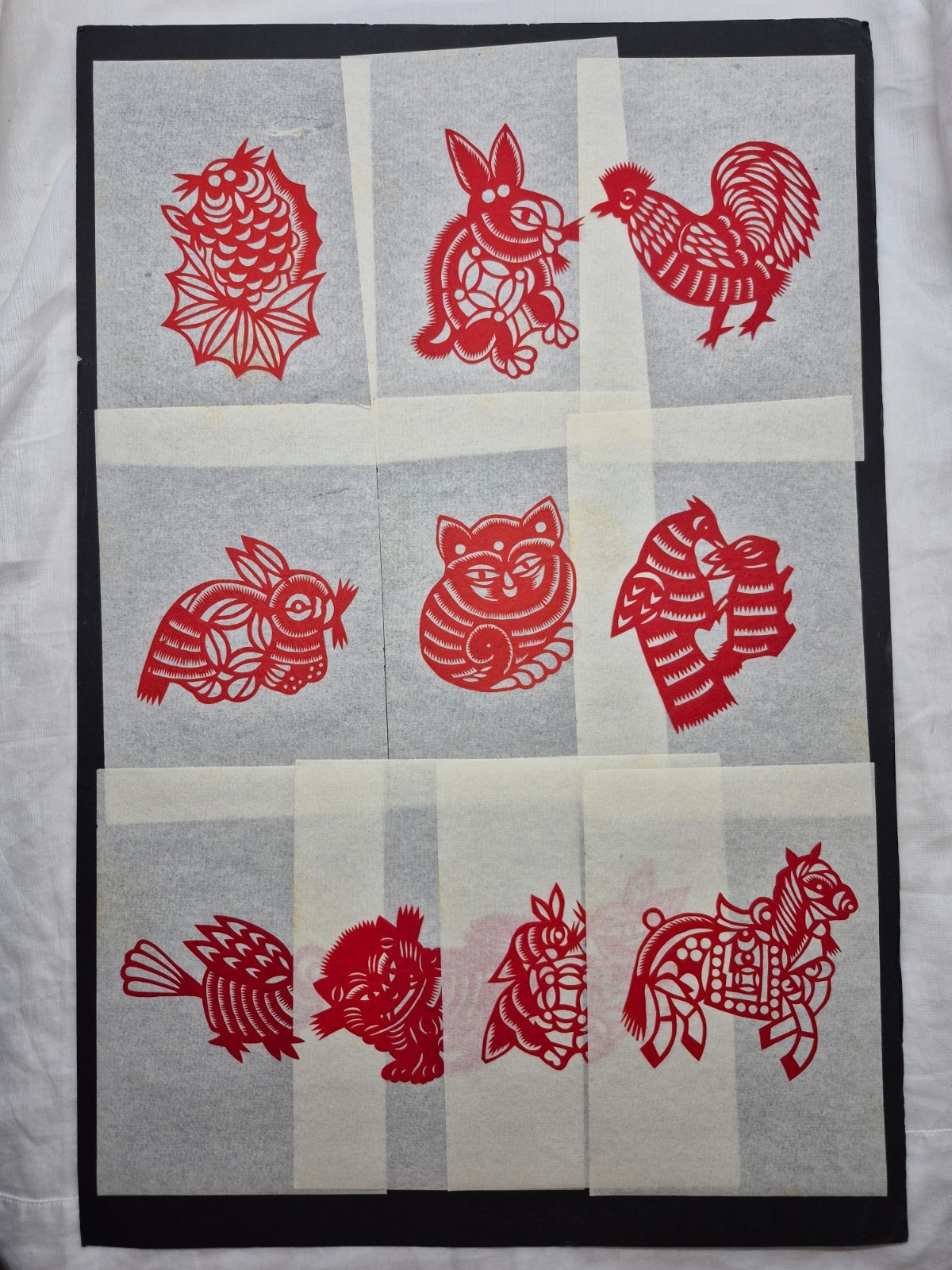 Unused Set of 10 Chinese Folk Art Paper cuts Fish, Horse & Various Animal Design