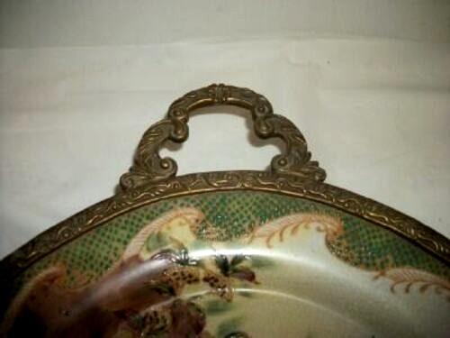 Chinese Hua Rong Tang Zhi Tray Porcelain HP Cranes White Tiger Bronze Rim Handle