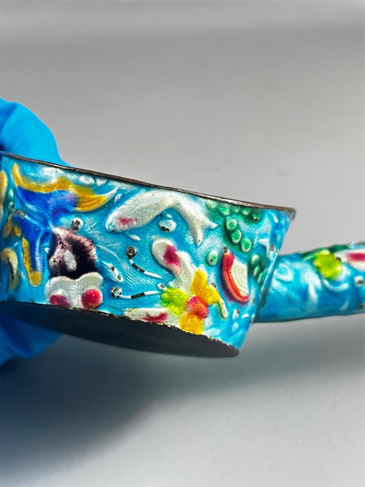 Vintage Chinese Enamel Cloisonne Painted Scoop Pan Silk Iron