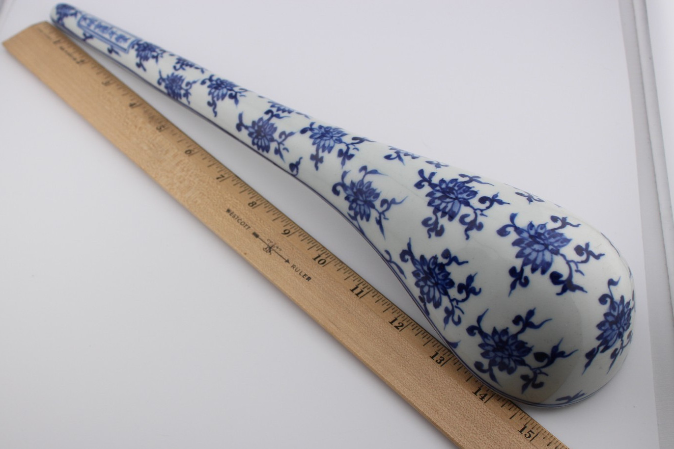 Large Chinese Yongle blue and white floral Sanskrit ladle 15″ Ming reproduction