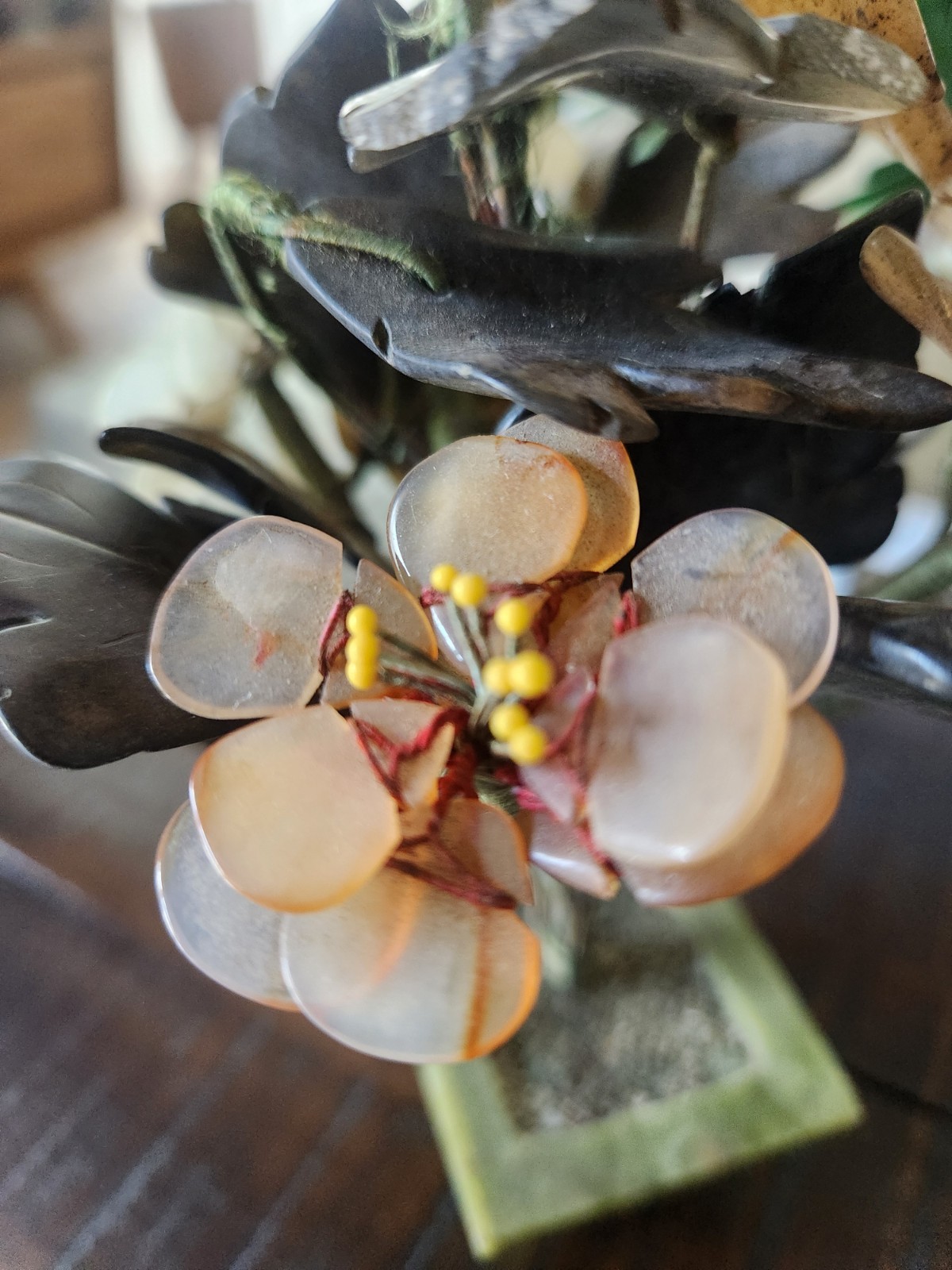 Vintage Chinese Jade And Multi Color Semi Precious Stone Flower Bonsai Tree