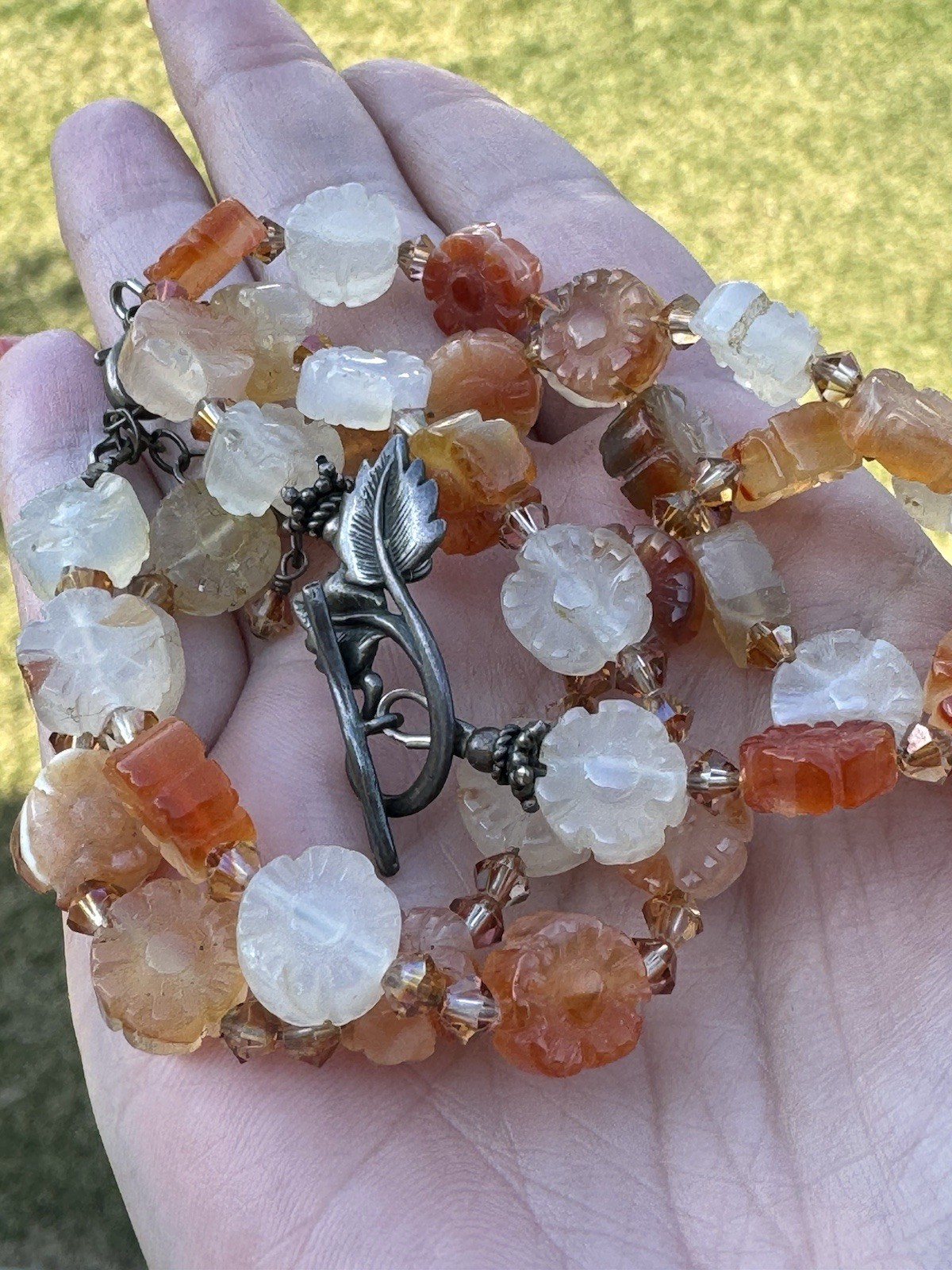 Antiqued Chinese? Carved Carnelian Agate Floral STERLING mar Set Choker Bracelet