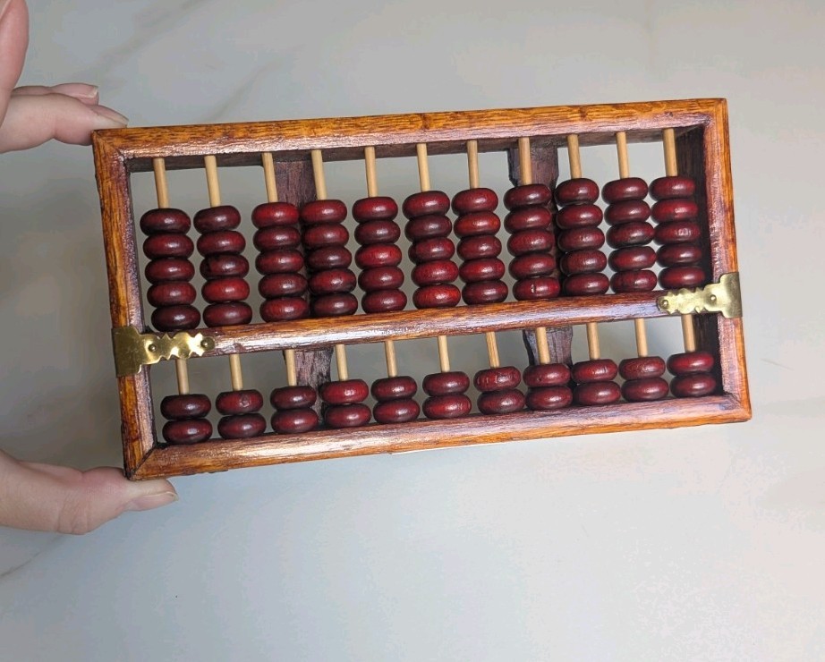 Vintage Chinese Red Lion Abacus Wuhan China Wood Brass Accent 77 Beads 8.5″x4.5″