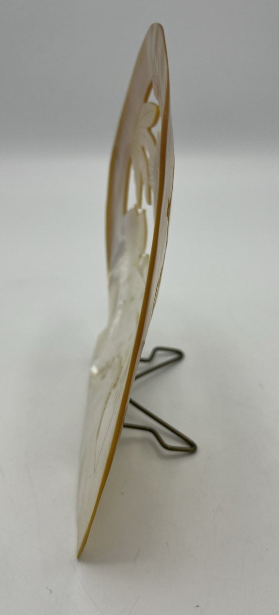 Carved Mother of Pearl Shell Asian Scene with Stand 6″ Tall