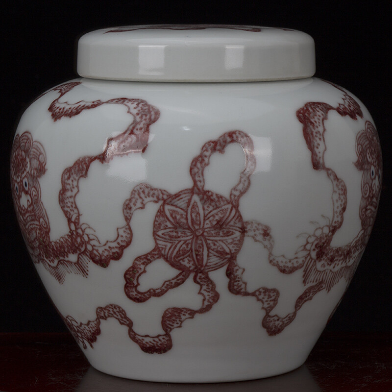 5.1″ Good China Red Glaze Porcelain Hand Painting Foo Fu Dog Lion Tea-leaf Pot