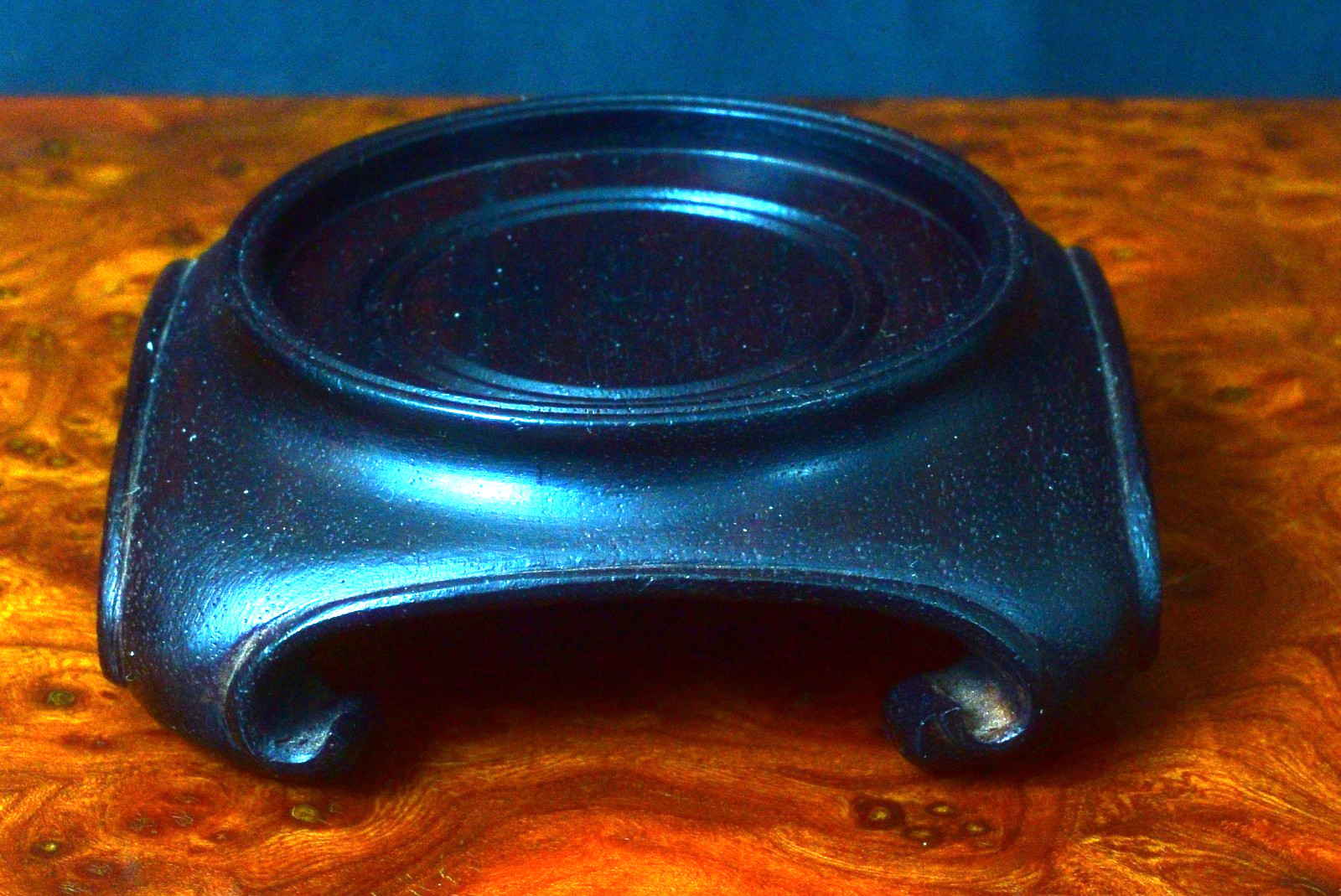 Vintage Chinese Round Brown Wood Stand w/Square Scroll base 2 1/2″ diam top S30