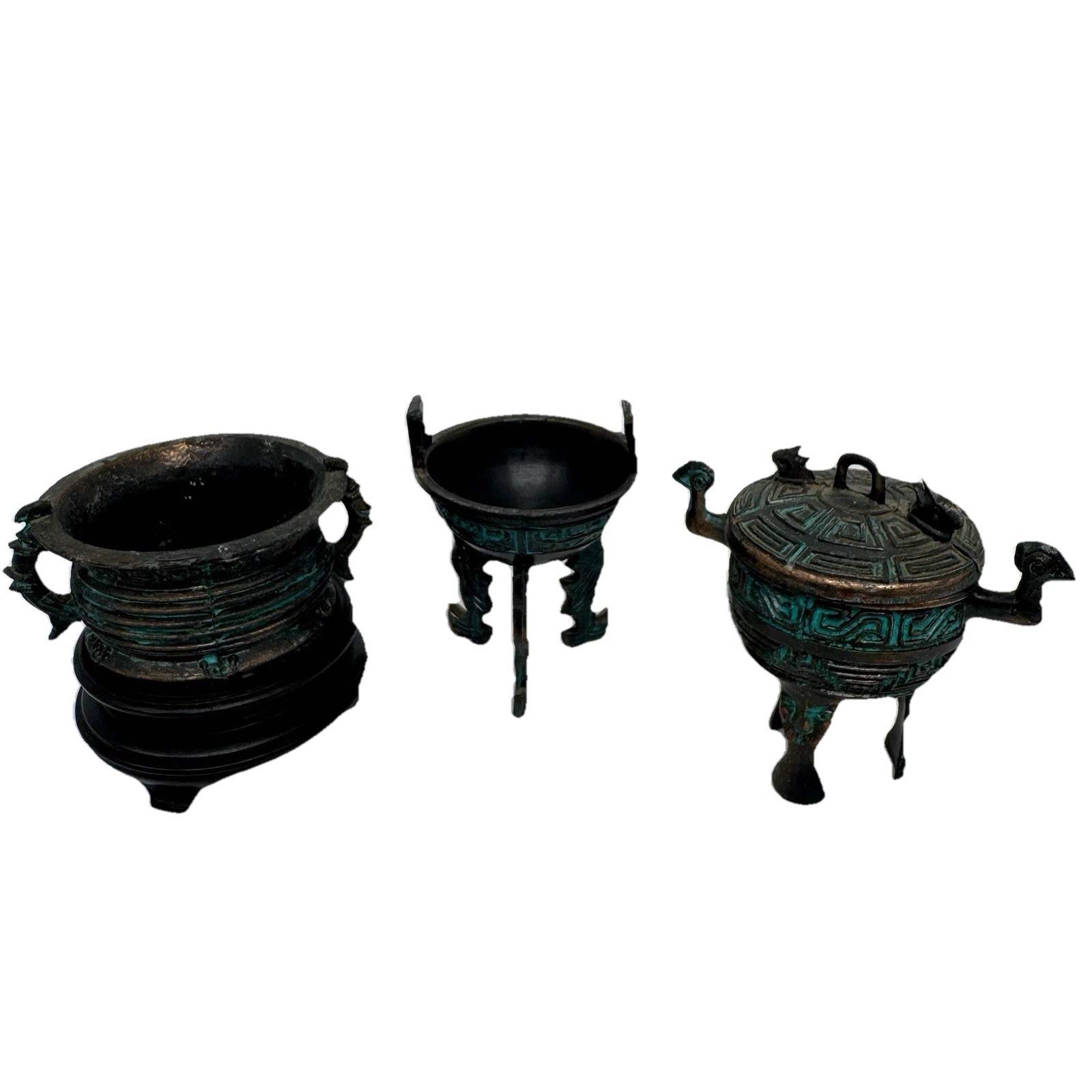 Vintage Set of 3 Chinese Bronze Small Leiwen Ding Tripods Censer Wooden Stand