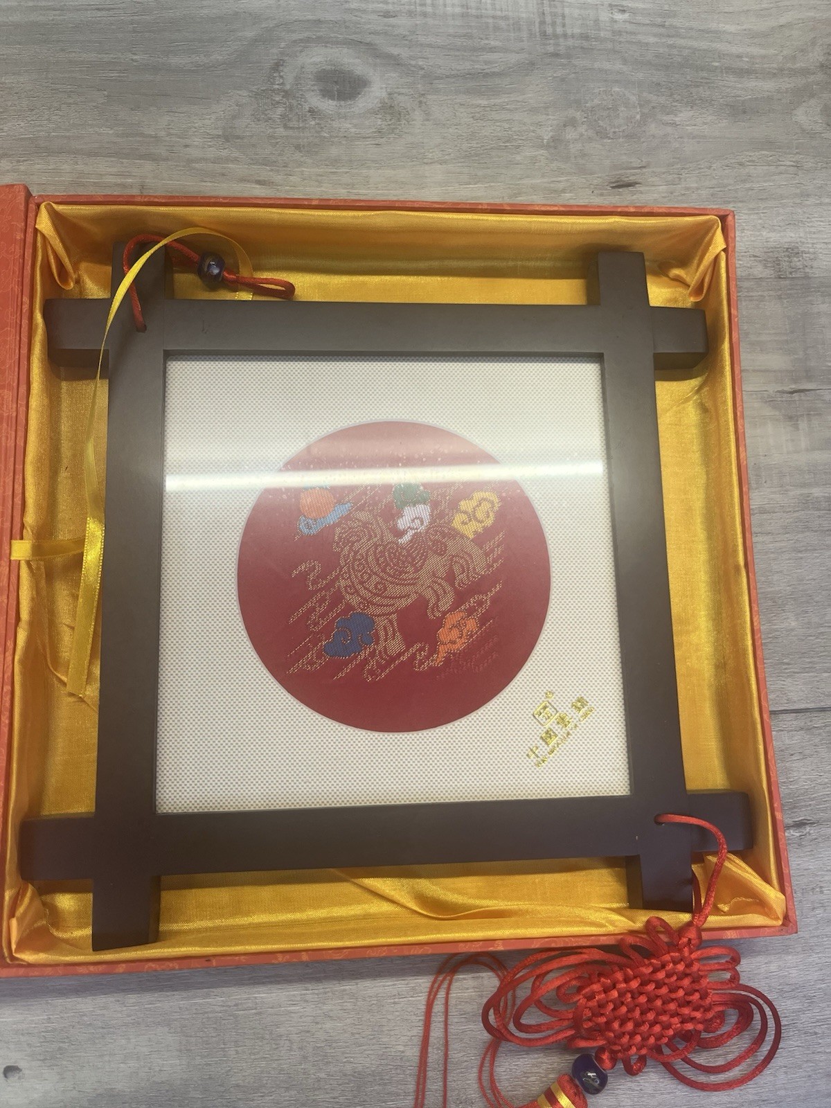 Nanjing Yunjin Silk Brocade Gold Dragon Lion Boxed Framed Art Tassel #0142242