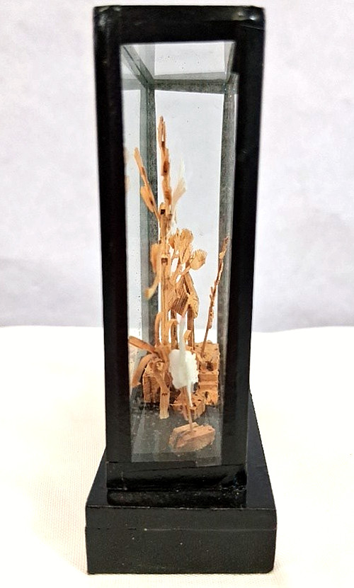 2 Chinese Scene 3D Hand Carved Cork Dioramas Black Lacqured Wood & Glass Cases