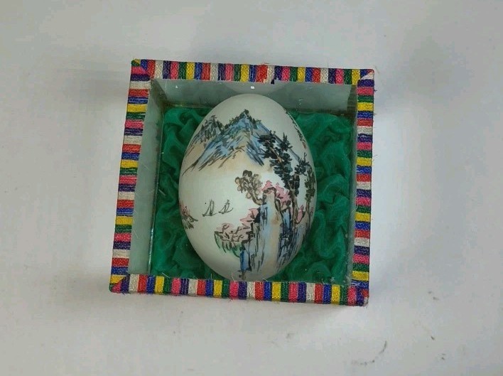 Vintage Hand Painted Egg Shell in Glass Display Box Asian Oriental Landscape