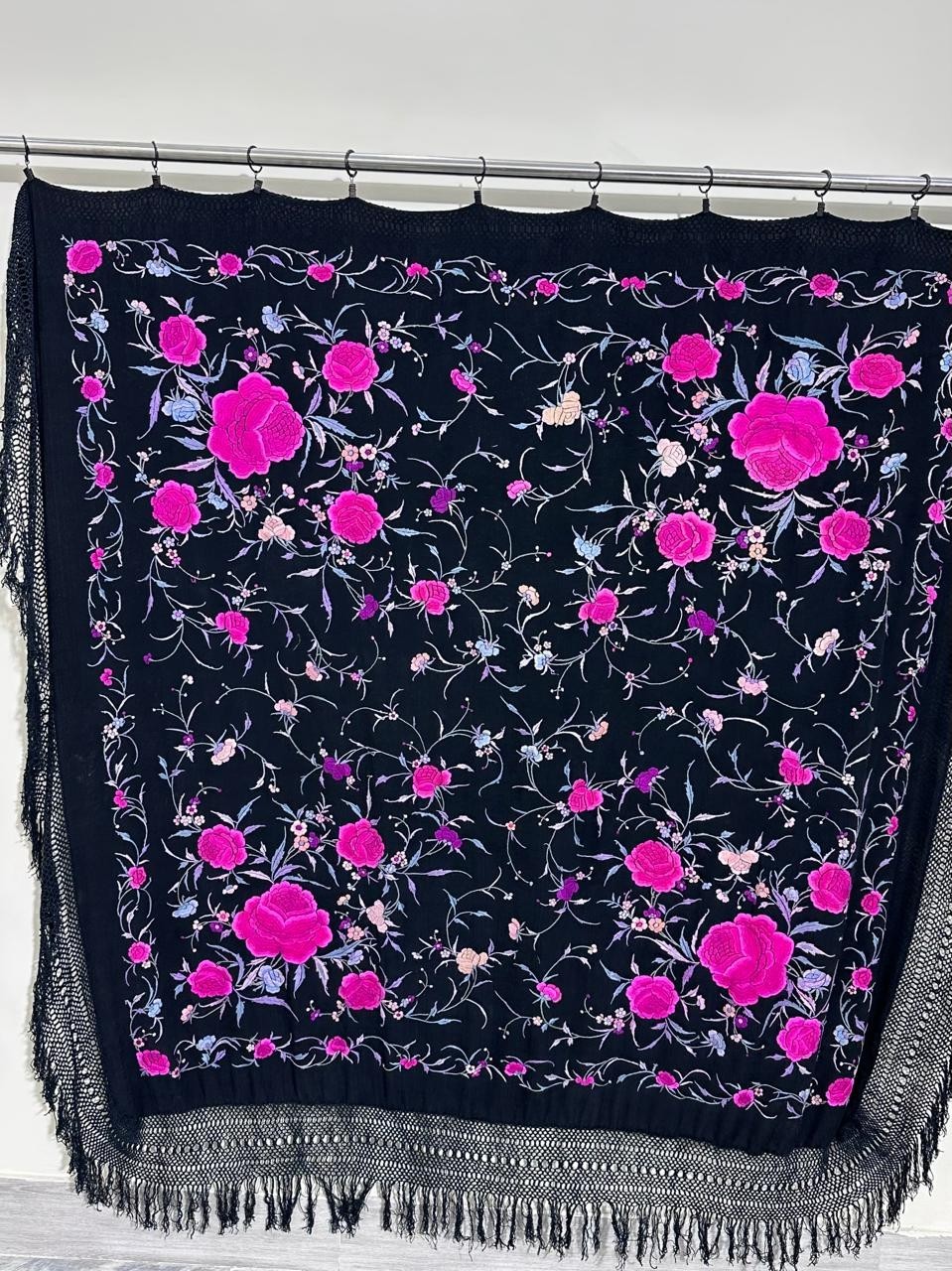 Antique Menton De Manila Silk Black Ground Multi Embroidery Piano Shawal,