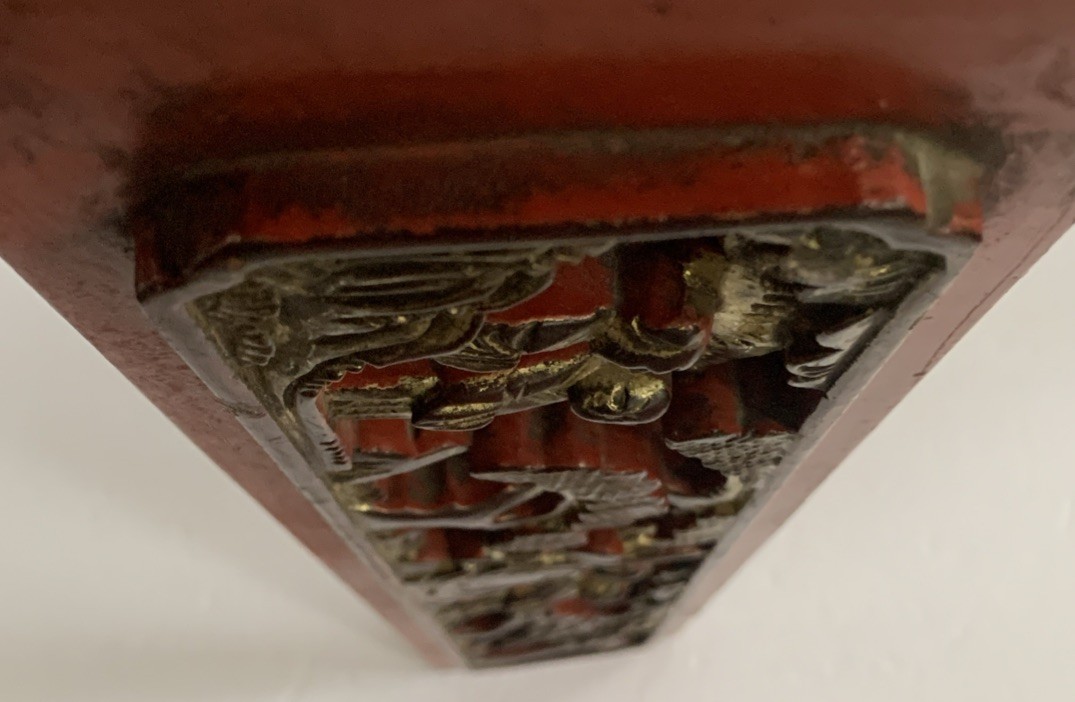 Chinoserie Hand Carved Wood Red Gilded 3D Relief Pagoda People Tree Garden Panel