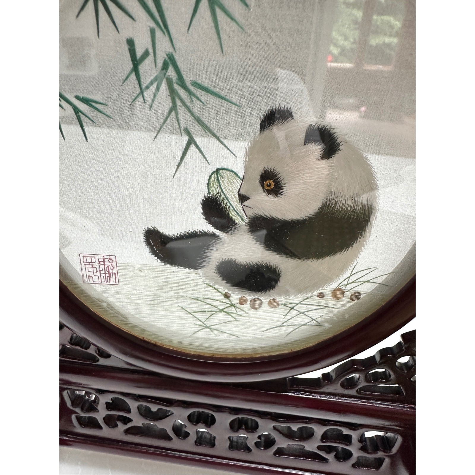 Vintage Chinese Double Sided Silk Embroidery Panda Rotating Table Screen Boxed