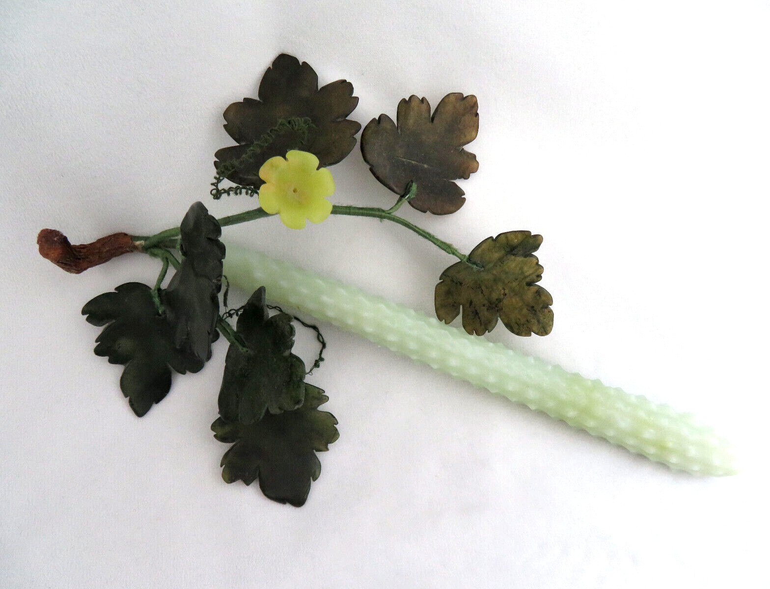 RARE Chinese Green Jade Gemstone Prickly Cucumber & Leaves Sculpture 11″ Long