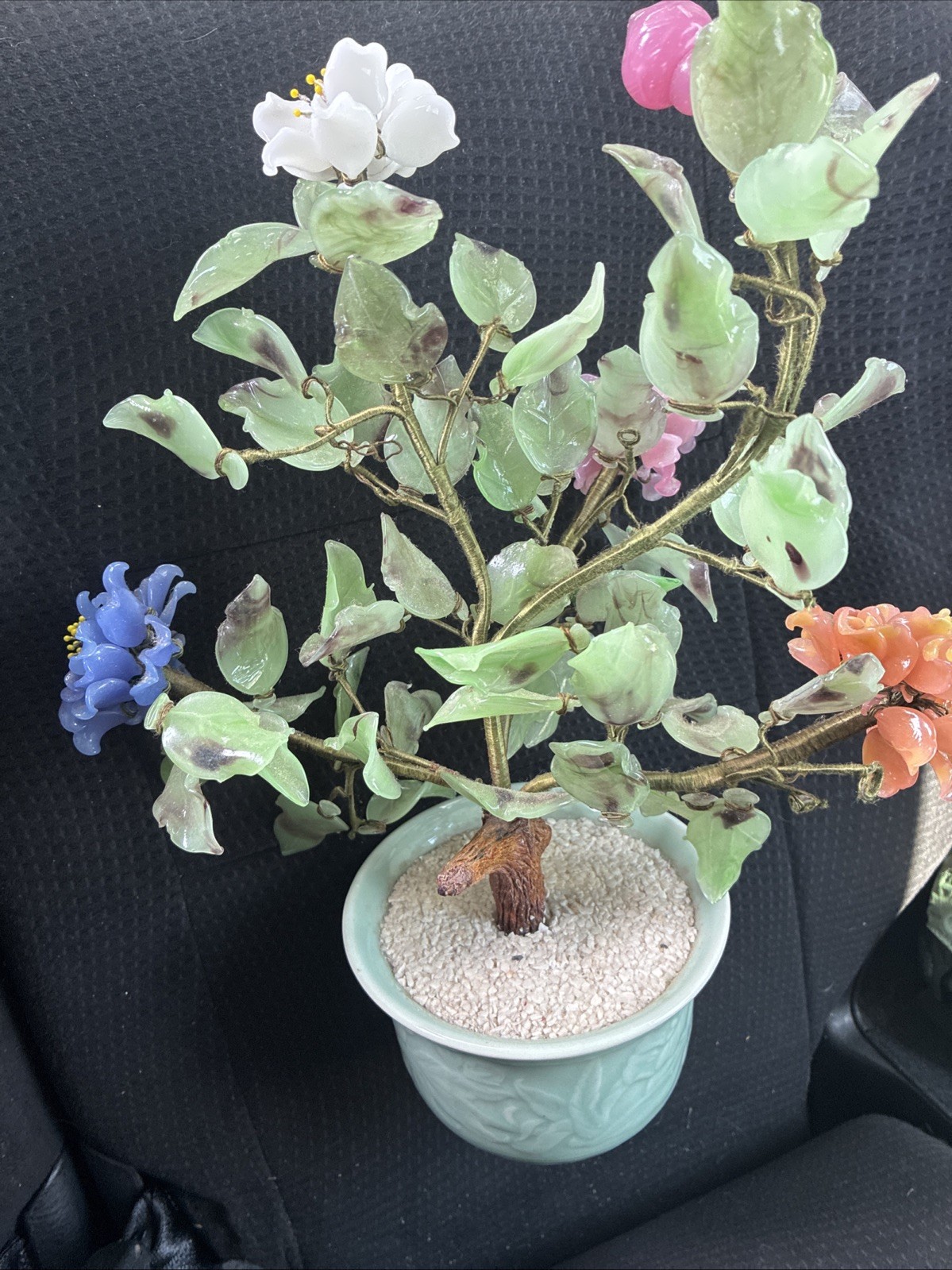 CHINESE ANTIQUE JADE BONSAI TREE MULTI COLOR FLOWER BLOSSOMS VTG GLASS FLOWERS
