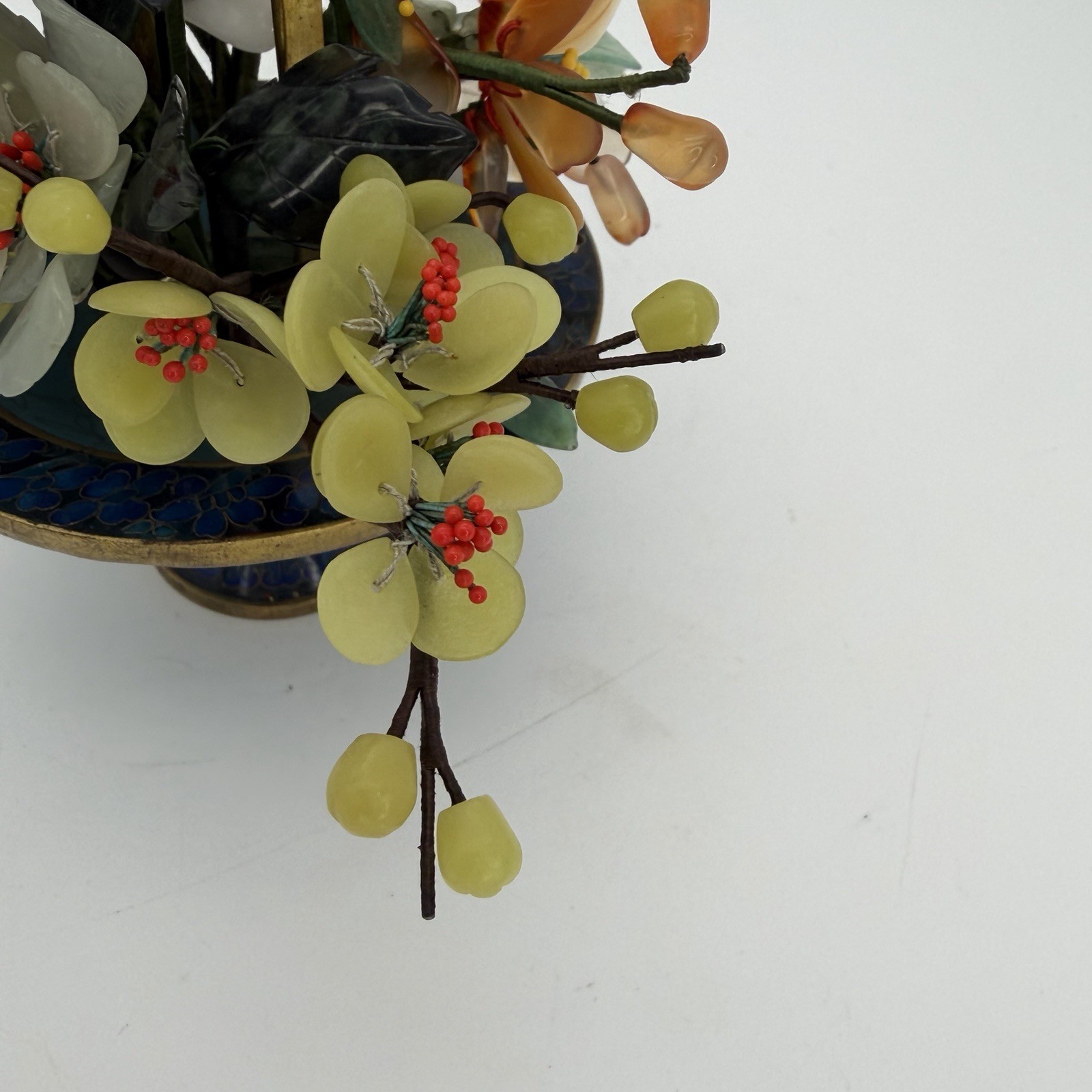 Vintage Jade Bonsai Tree Flowers Basket Cloisonné Pot 7.5” Brass Handle