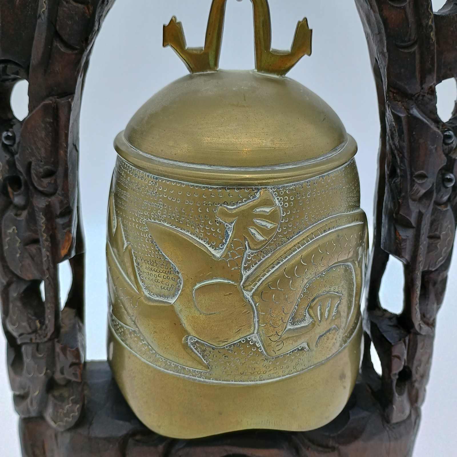 Vintage Chinese Wood Hand Carved Frame Holder With Brass Bell Dragon