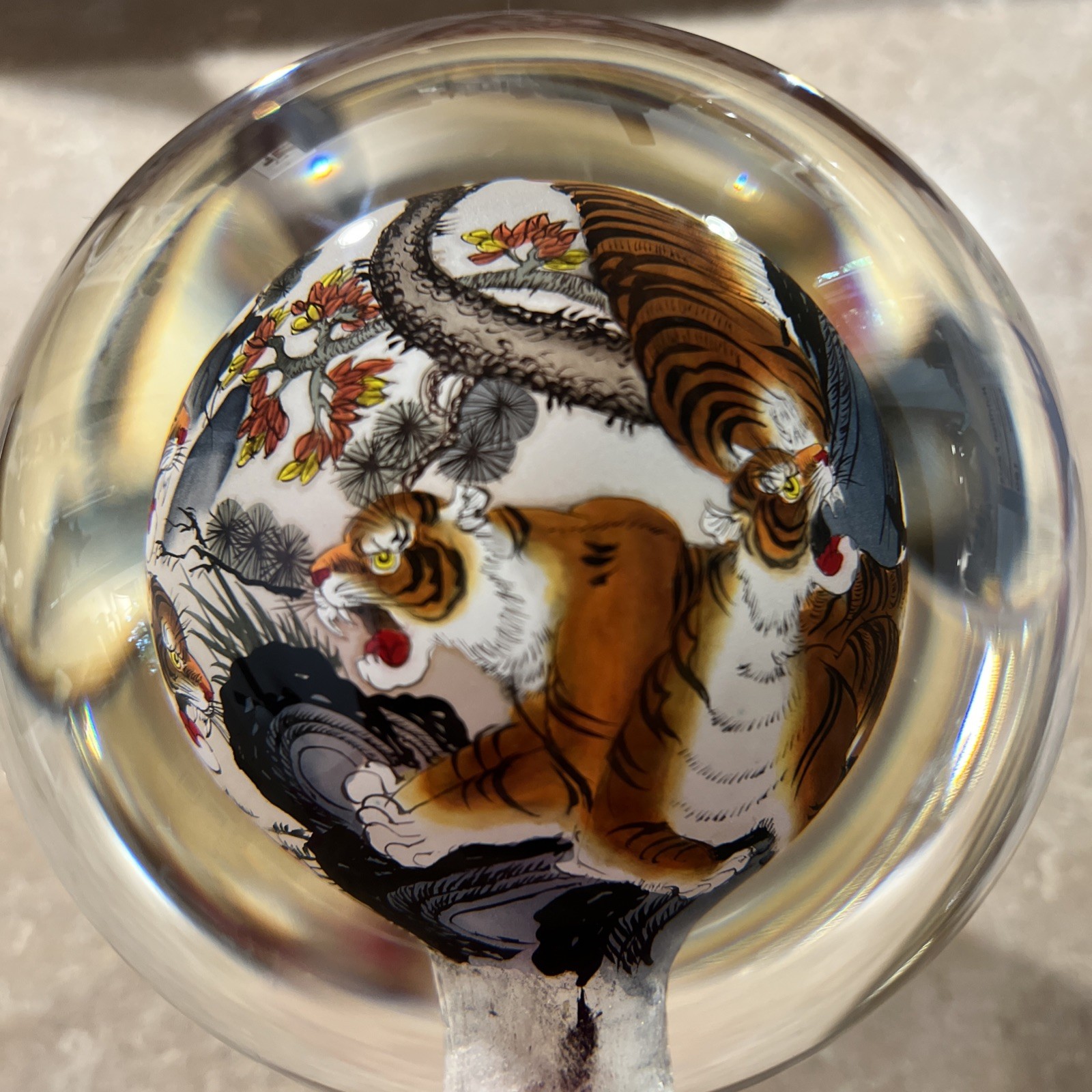 Chinese Glass Globe Five Tigers Inside Painted Reverse Art Lg 4.5in On Gold Base