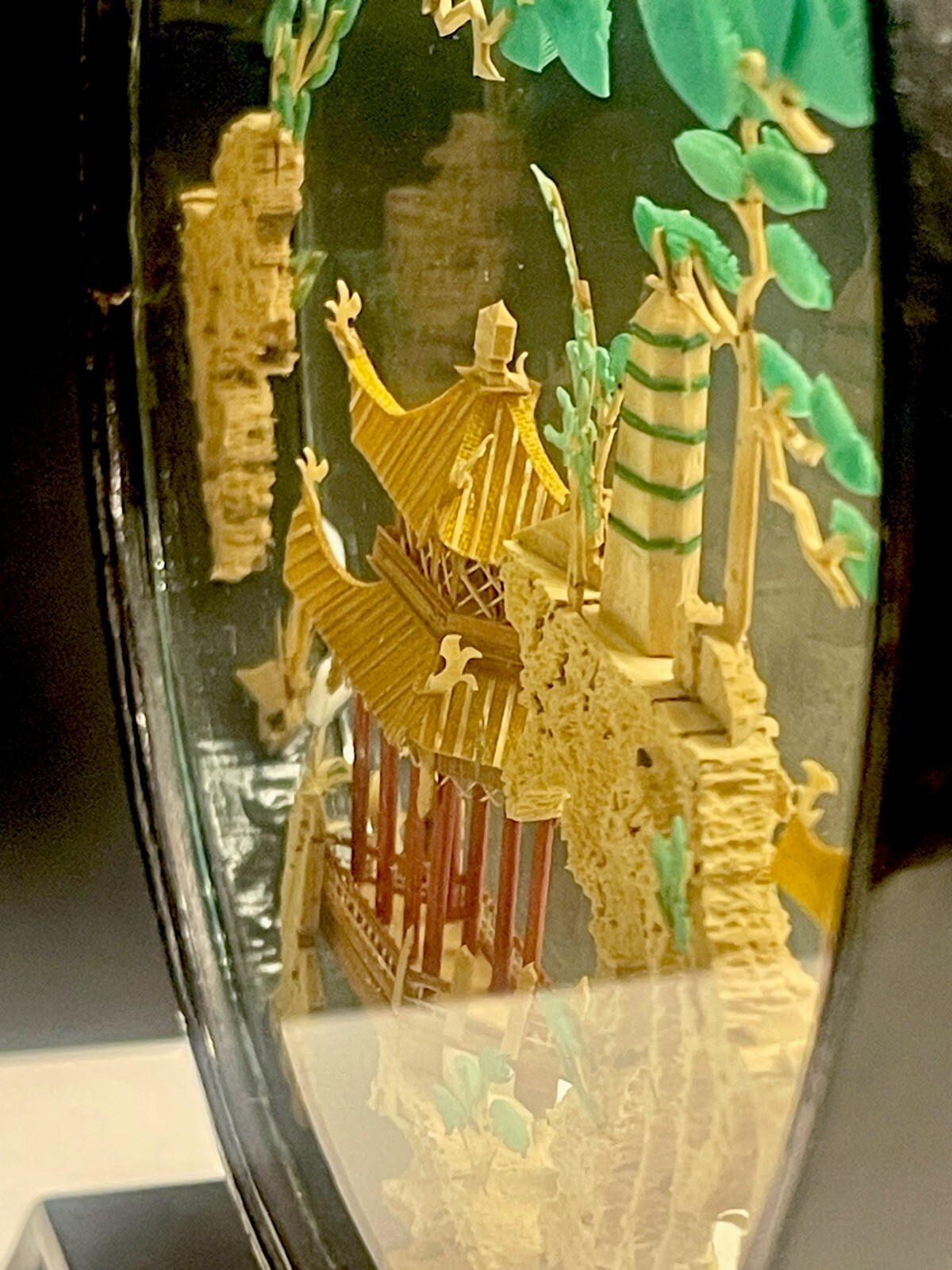 VTG PERFECT Chinese Cork Carving Lattice Pavilion Diorama Black Lacquer Frame