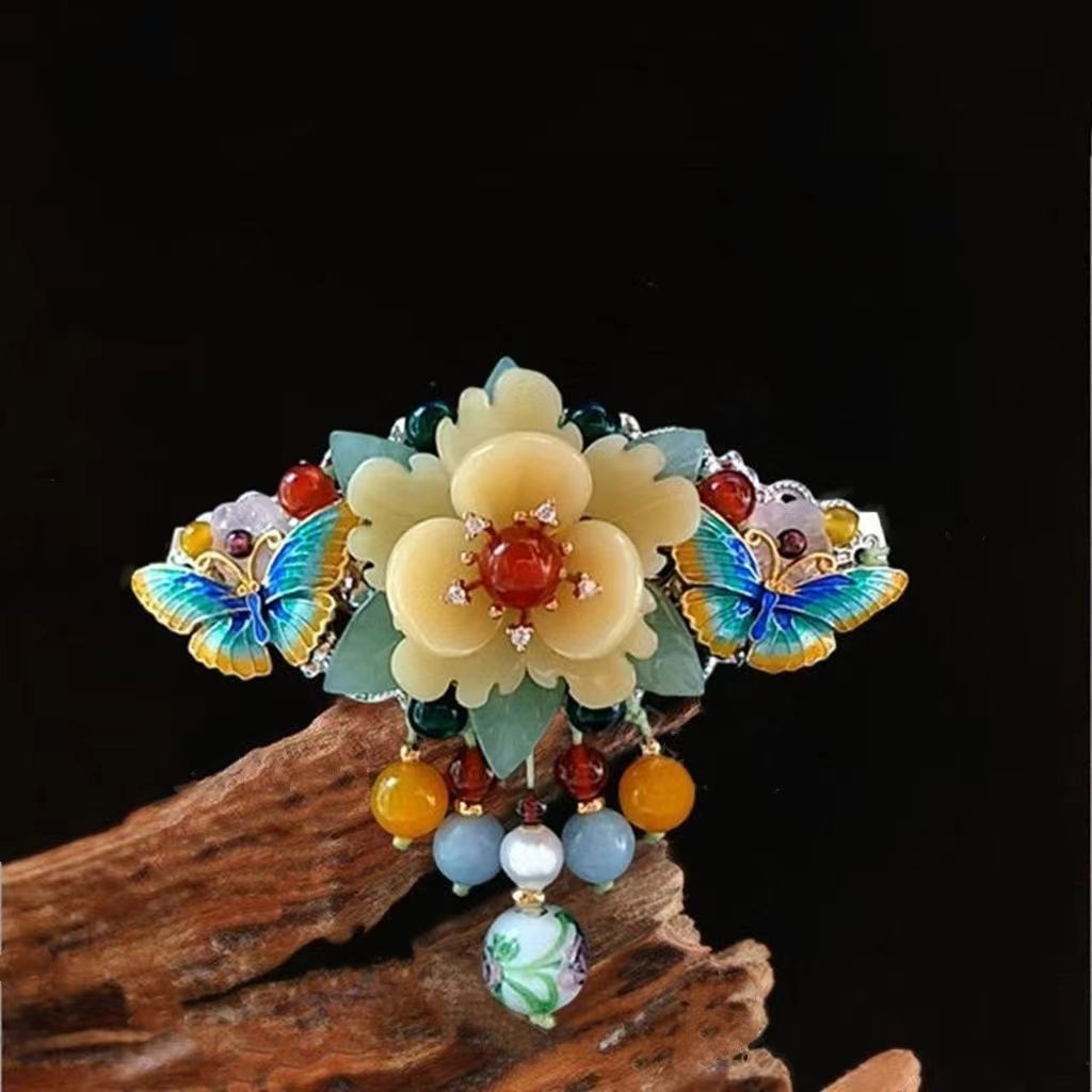 Vintage Cloisonne Top Clip Butterfly Flower Spring Hairpin Retro Ponytail Clip