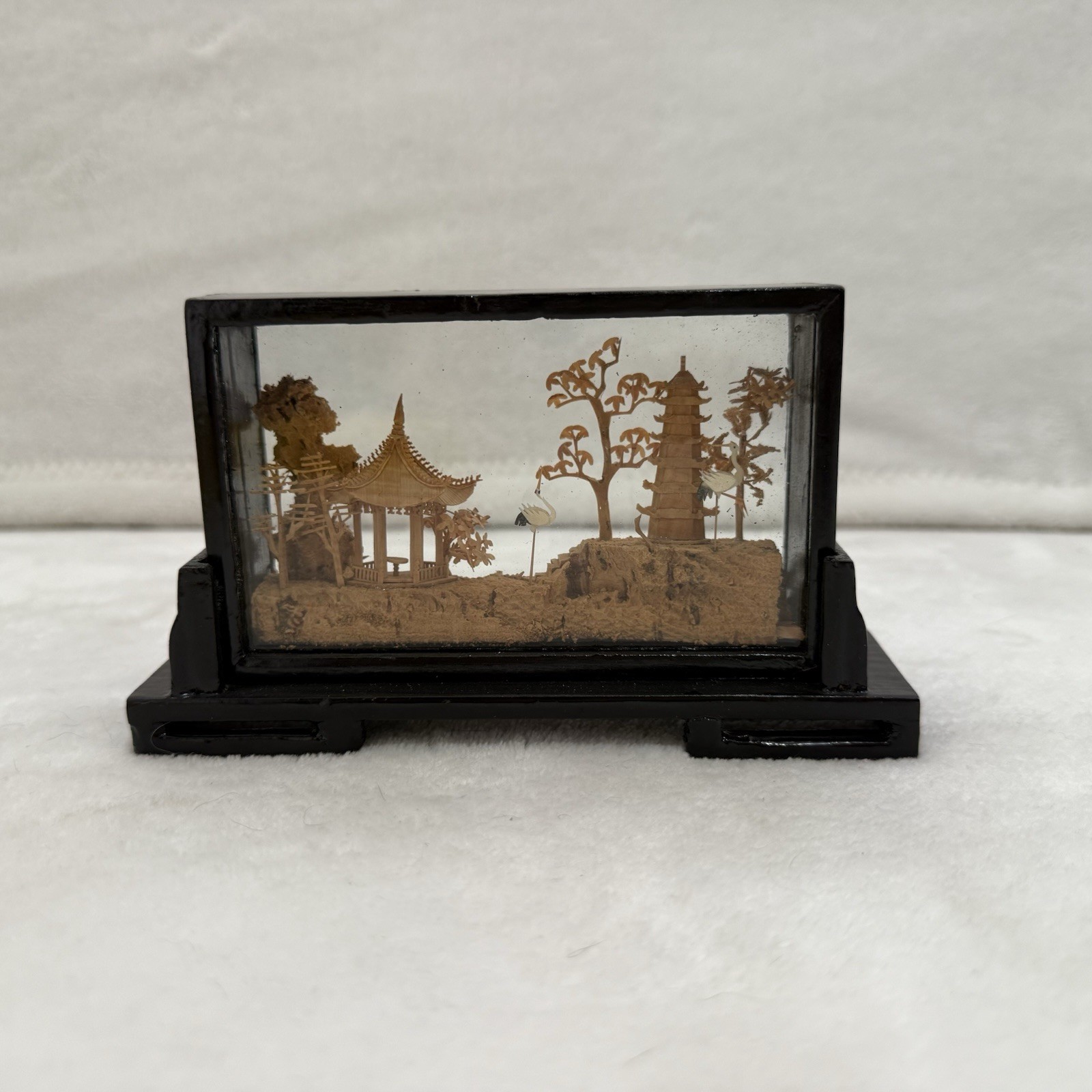Vintage Chinese Hand Carved Cork Diorama Decoration Birds Framed Glass Wood