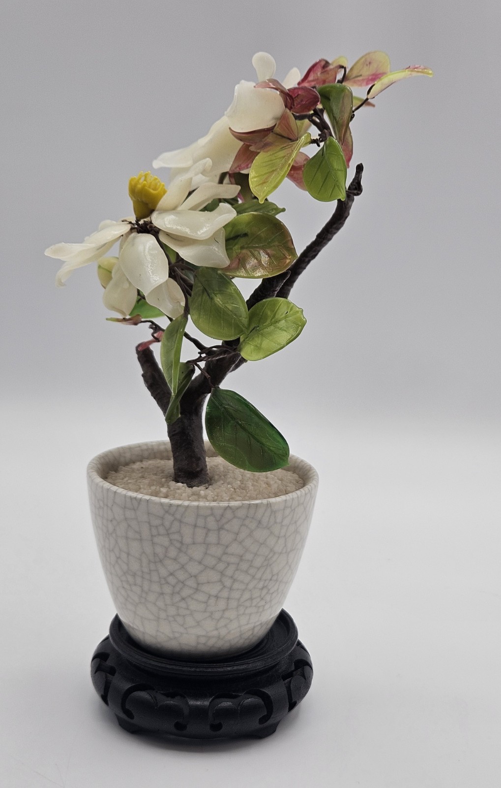 Vintage Chinese Jade Bonsai Tree w/ White Dahlia Flowers in White Pot – 9.5″H