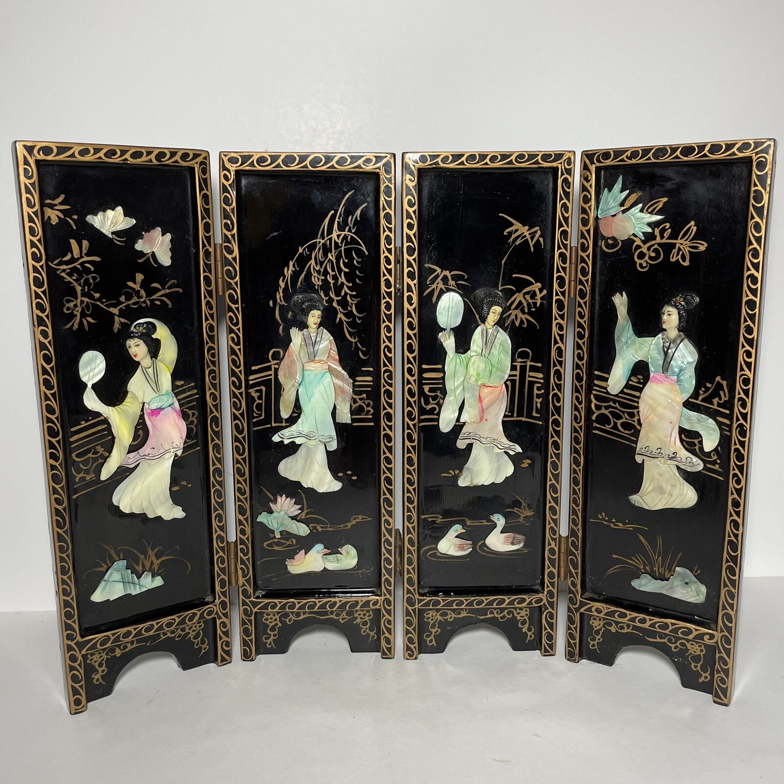 Vintage Oriental Black Lacquer Mother Of Pearl Geisha 4 Panel Screen 18”x14” SEE