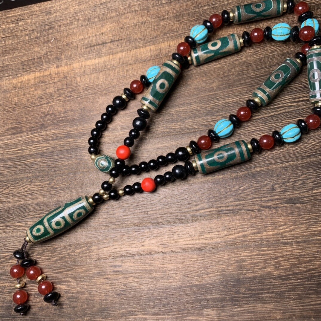 Good Tibetan Style Old Agate Three/Nice Eyes Dzi Bead Amulet Pendant