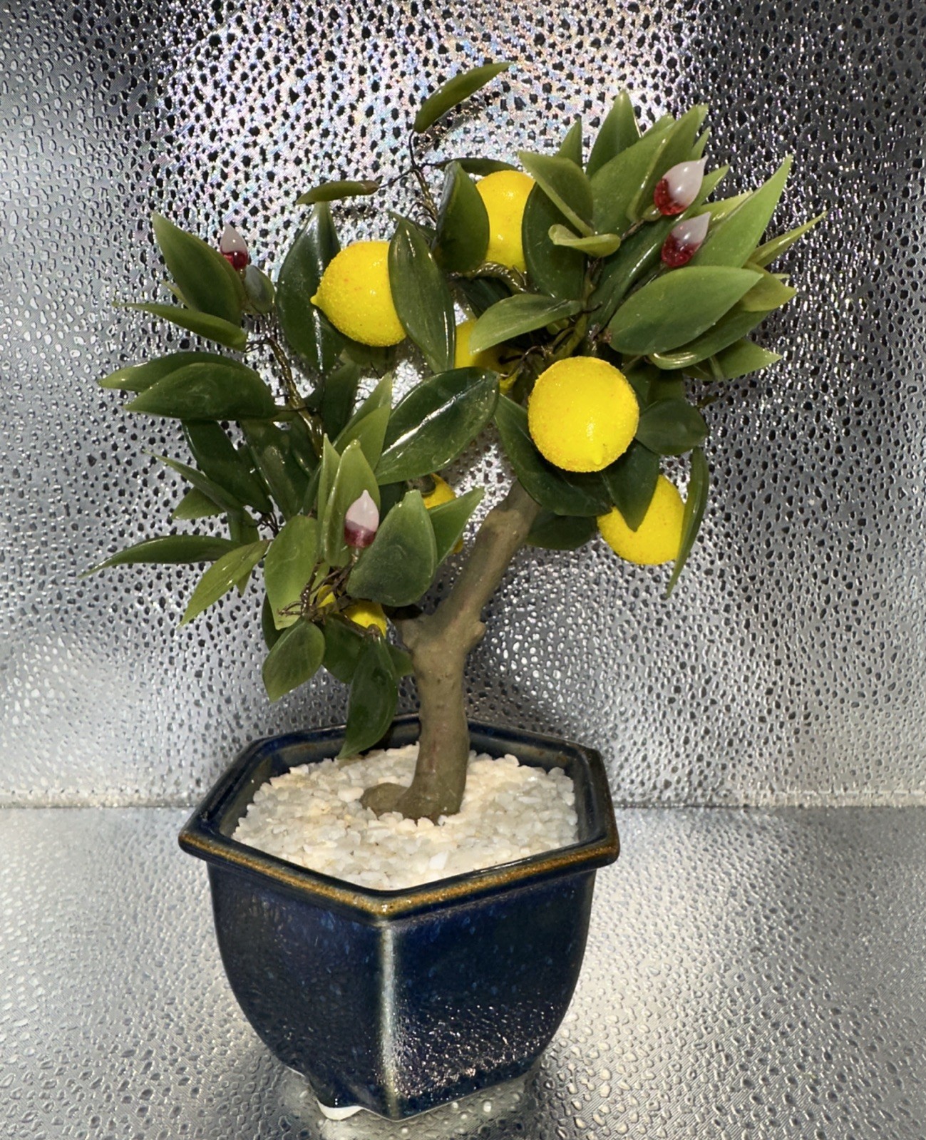 Vintage Asian Jade Glass Lemon Bonsai Small Tree 7.5”