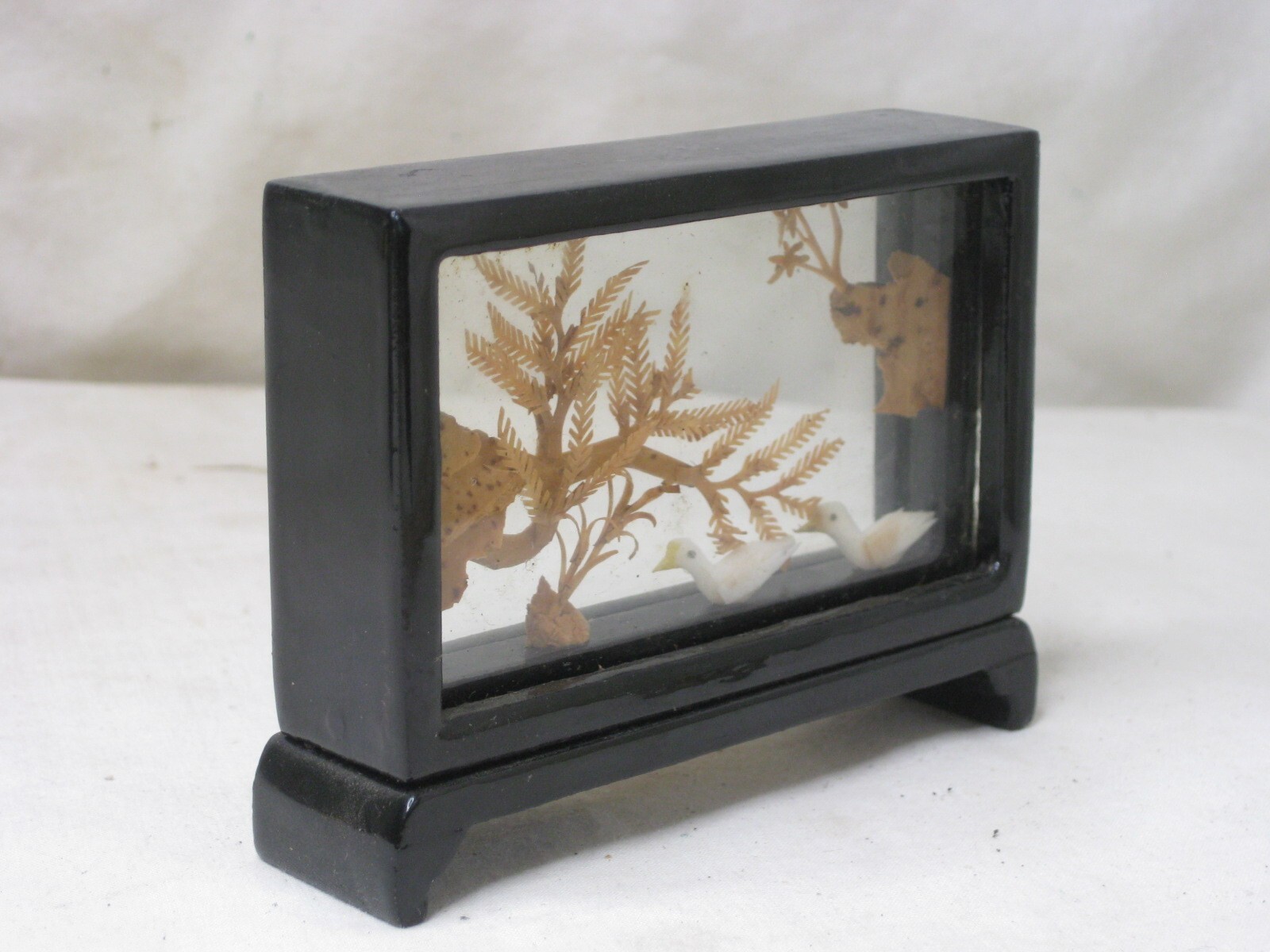 small vintage Chinese cork 2 birds nature scene Asian Oriental crane art