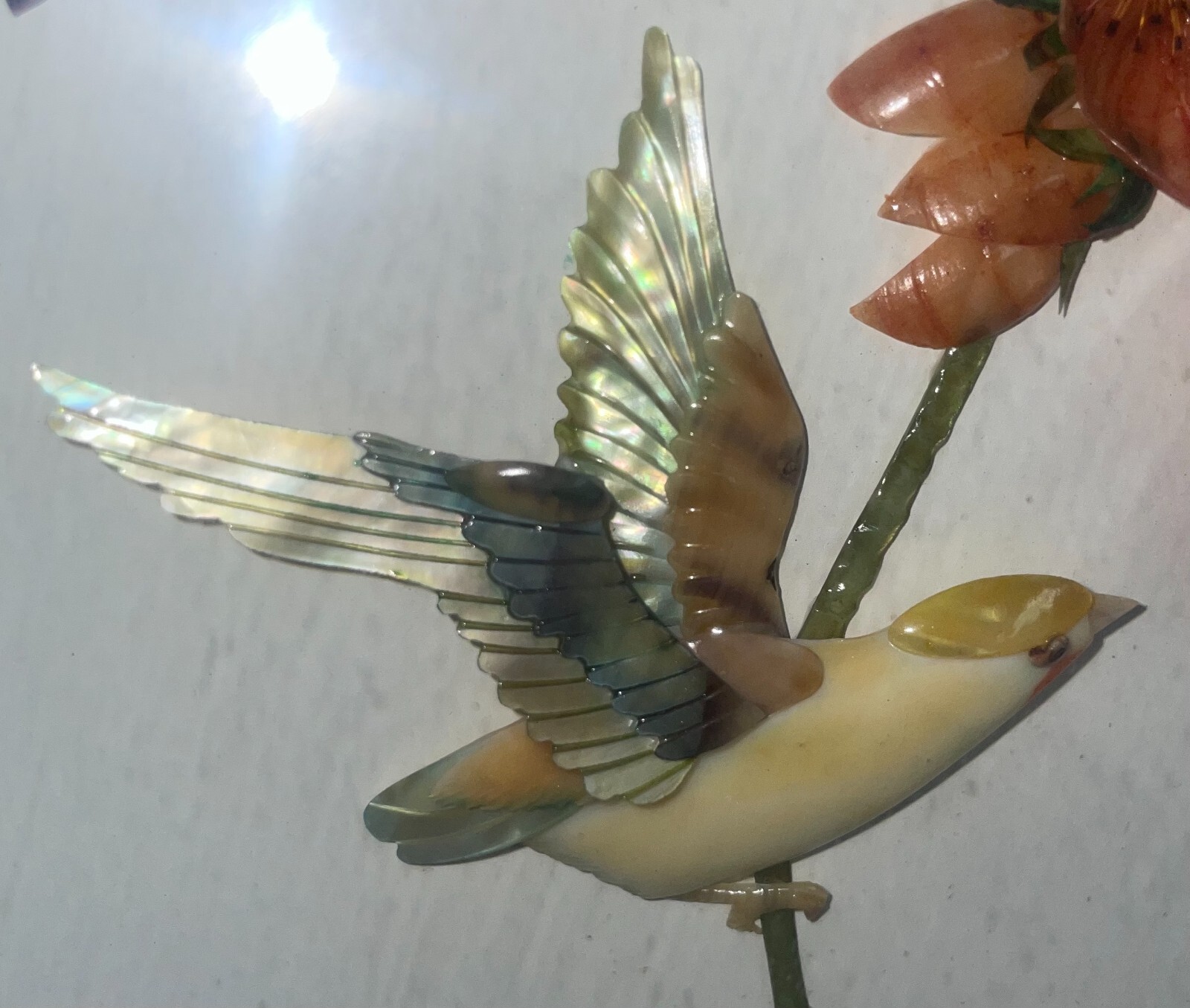 Chinese Framed Shadow Box Bird On Flowers 3D 12 3/8 Inches High