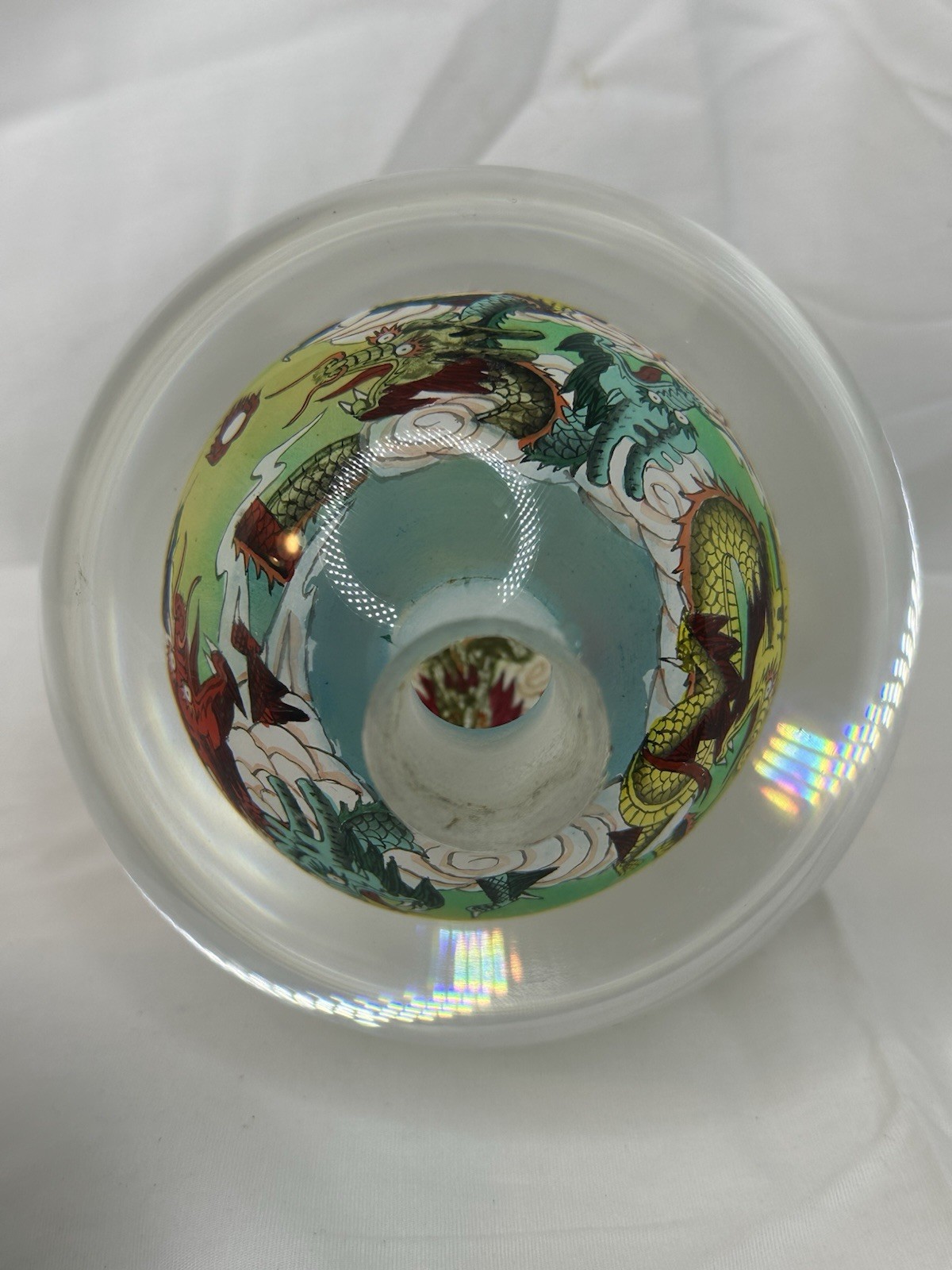 Chinese Reverse Painted Glass Crystal Ball Dragon Sphere Wood Stand Original Box
