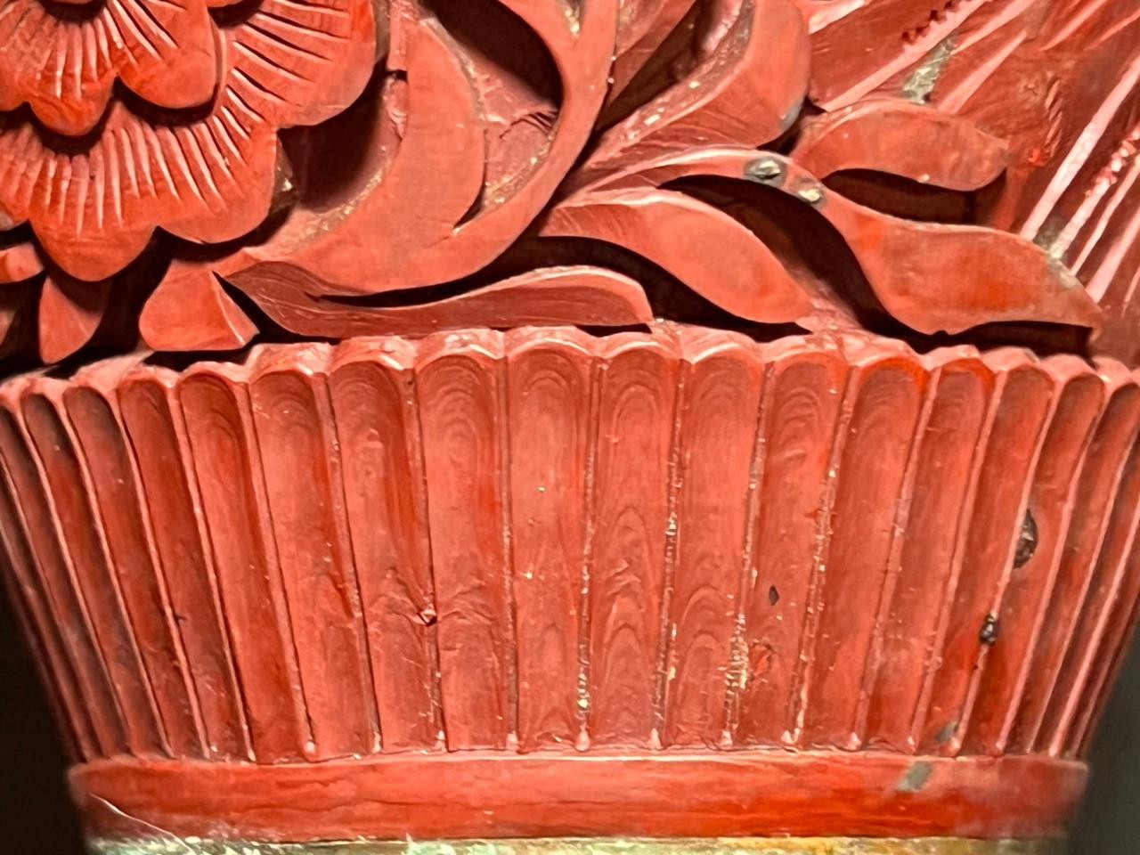 Old Chinese Antique Hand Carved Cinnabar Red Lacquer Vase Urn QING Blue Enamel