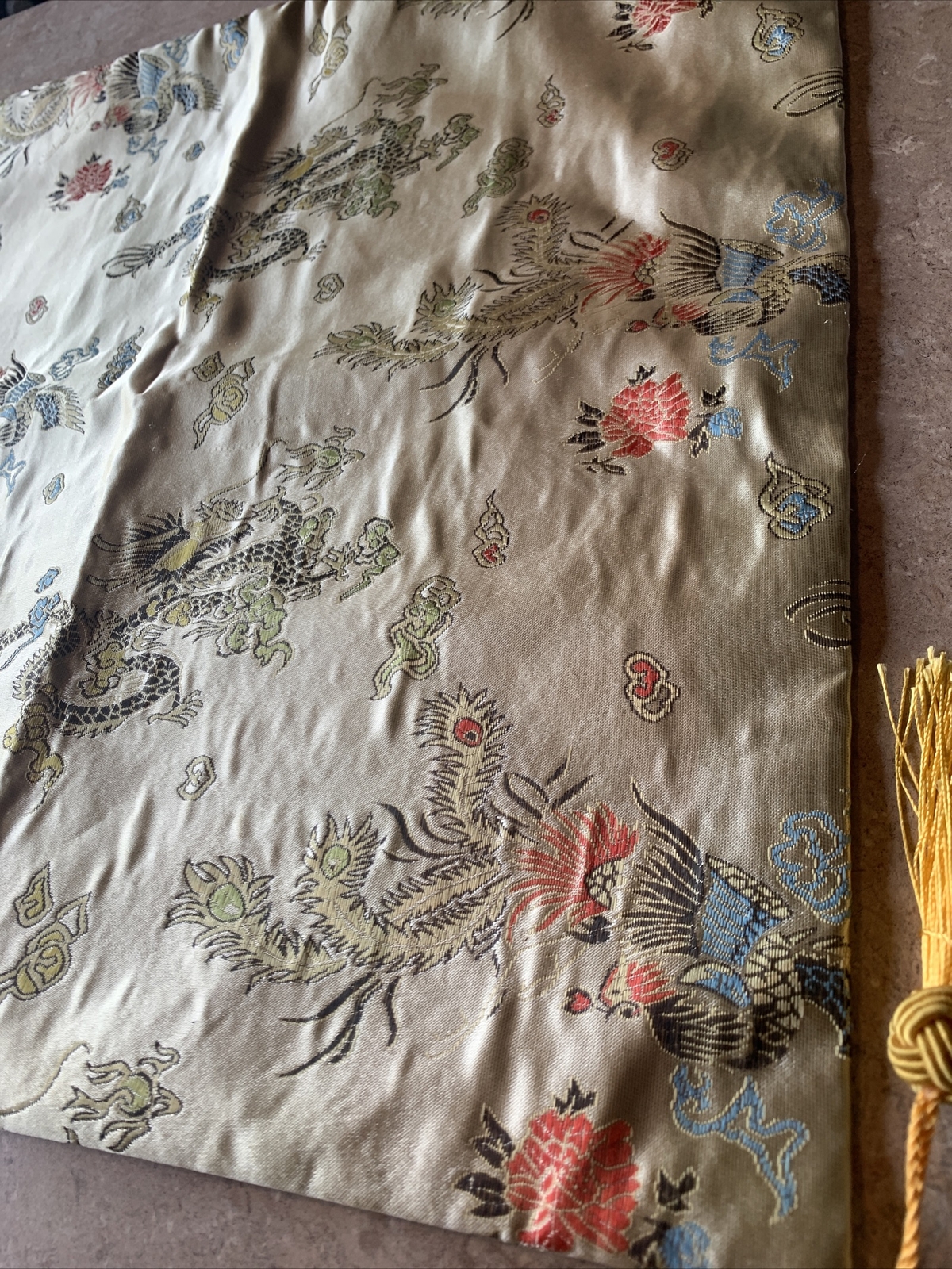 Vtg Chartruese+Satin Jacquard Brocade Oriental Pillow Cover~ Dragon~16.5”