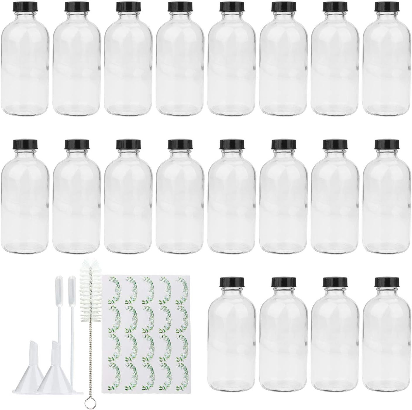 8Oz Clear Glass Bottles, 20 Pack Glass Storage Bottles with Black Lids (20 Label