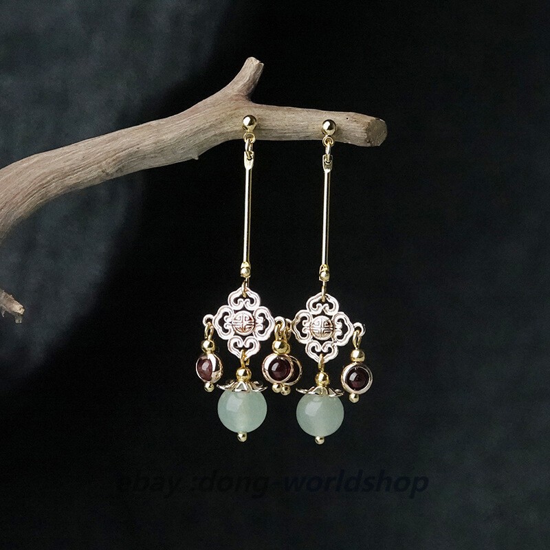 China Dongling Jade/Garnet/Alloy Tassels Tibetan Style Vogue Earbob Earrings